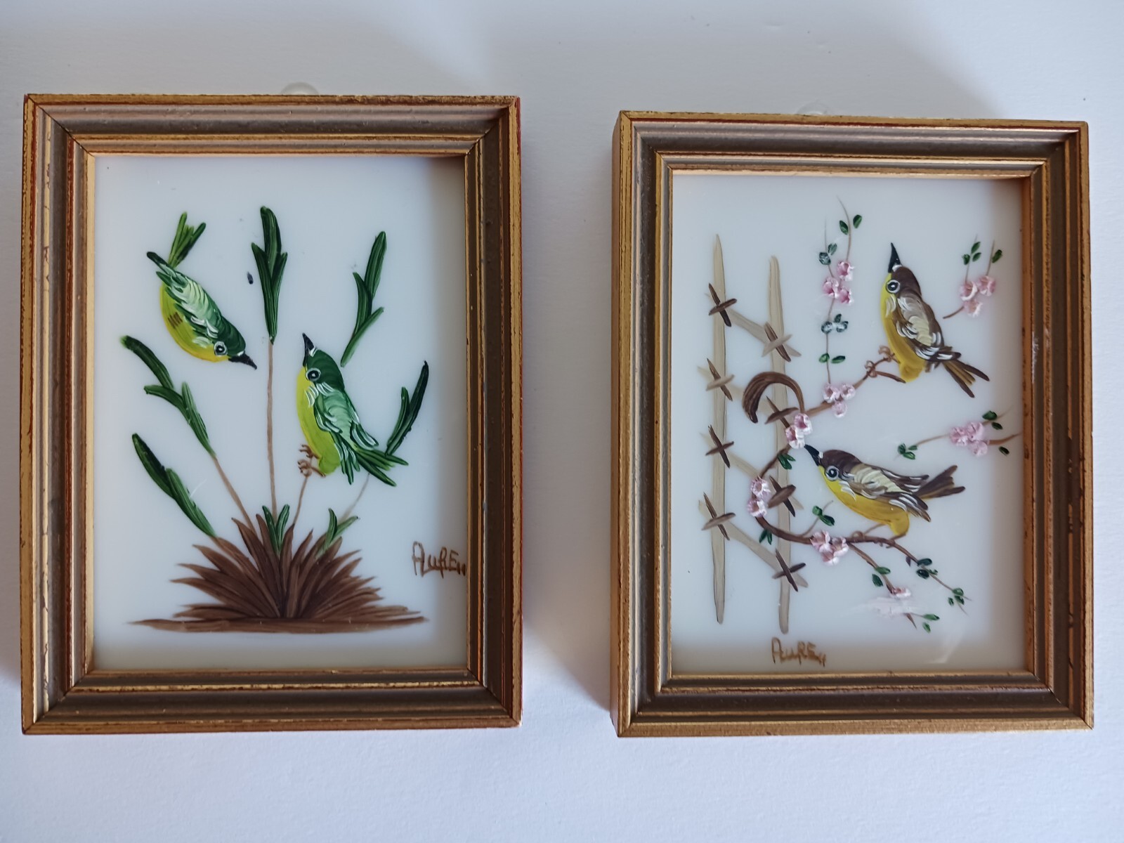 Vintage miniature painting birds on flowering branches signed Made in Spain