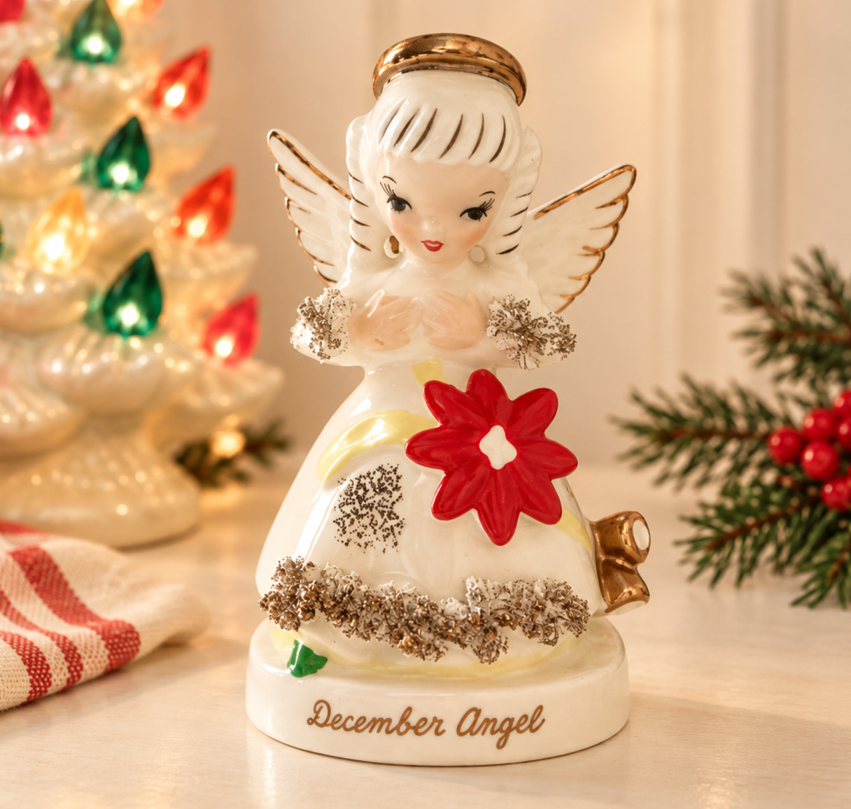 Vintage Napco December Angel Figurine A1372  Christmas Poinsettia Spaghetti Trim
