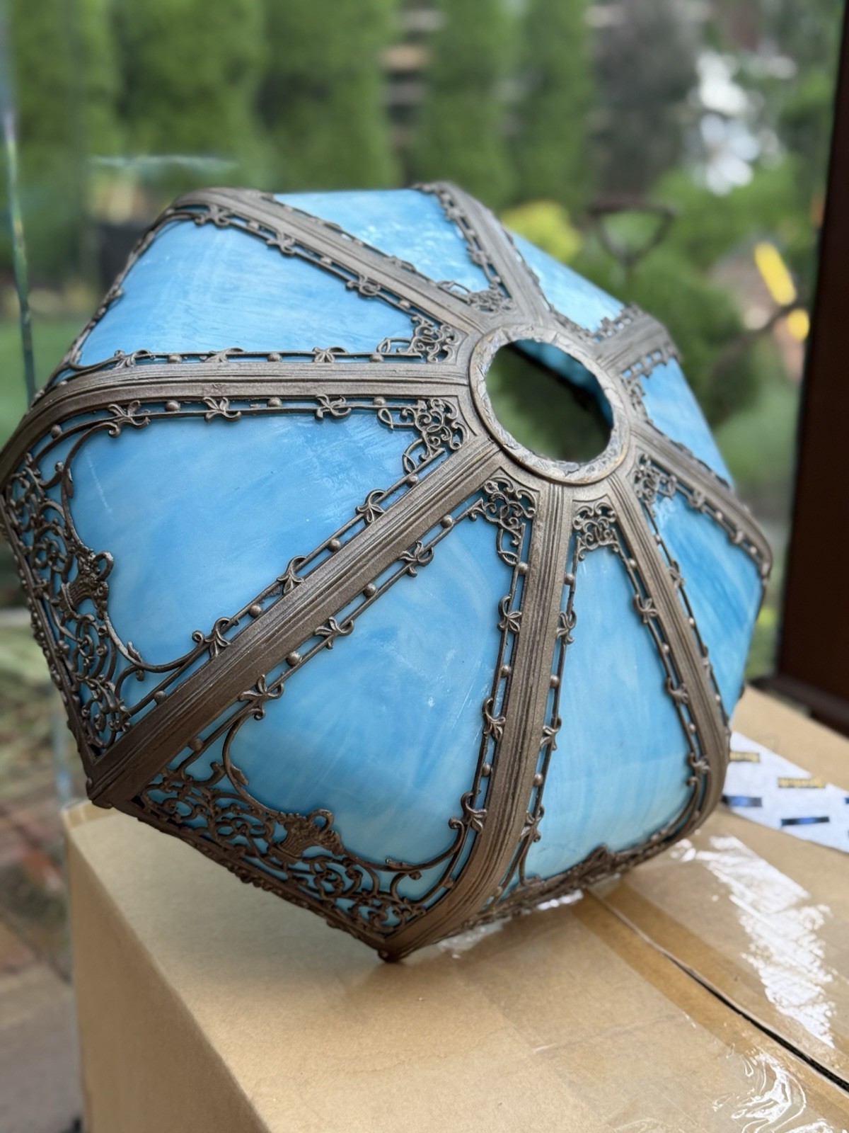 Antique Blue Slag Glass Lamp Shade As Is Condition Antique Blue Slag Glass Lamp Shade As Is Condition