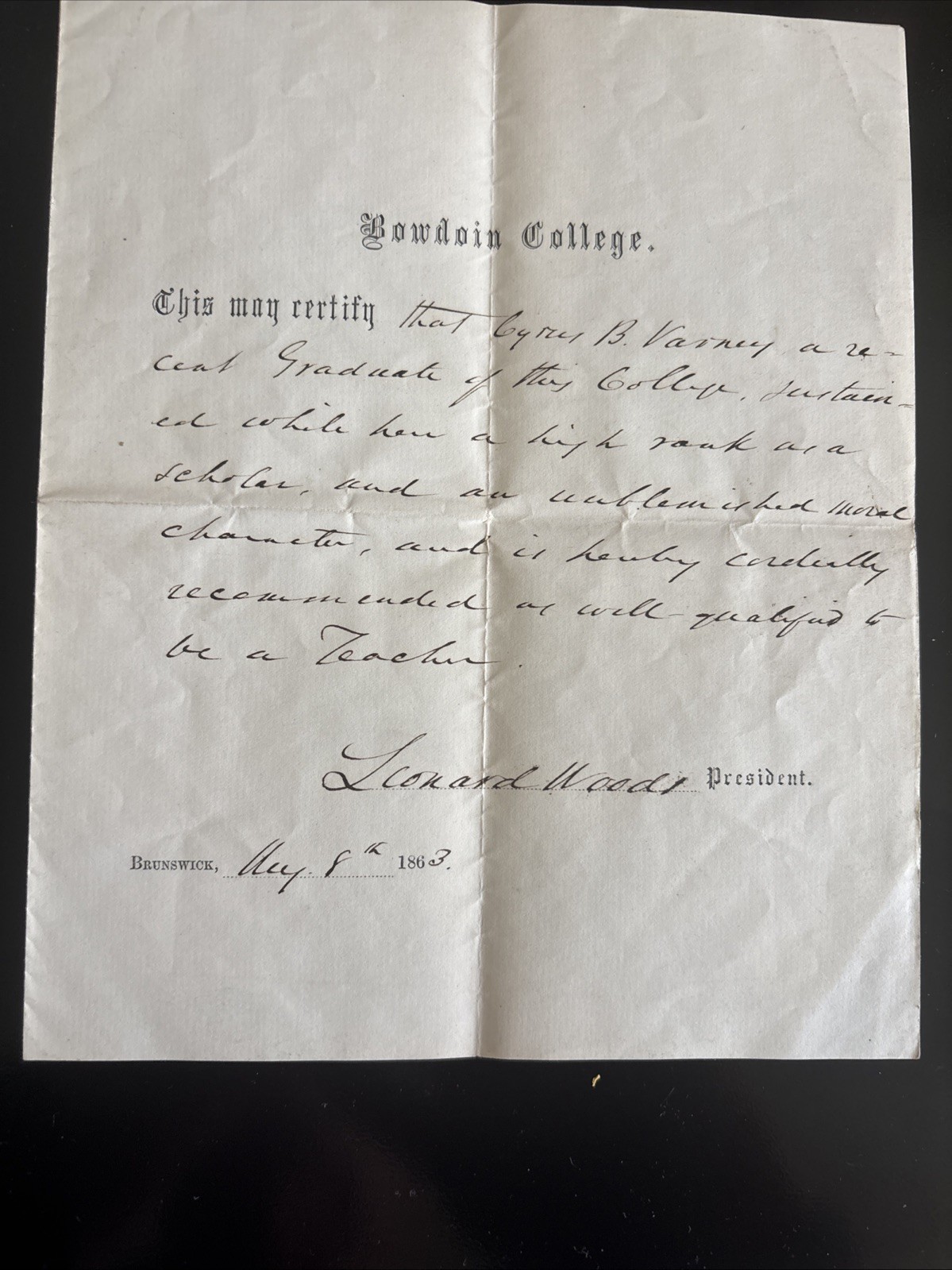 1863 Bowdoin College Certificate to Cyrus B. Varney, signed by Leonard Woods 1863 Bowdoin College Certificate to Cyrus B. Varney, signed by Leonard Woods