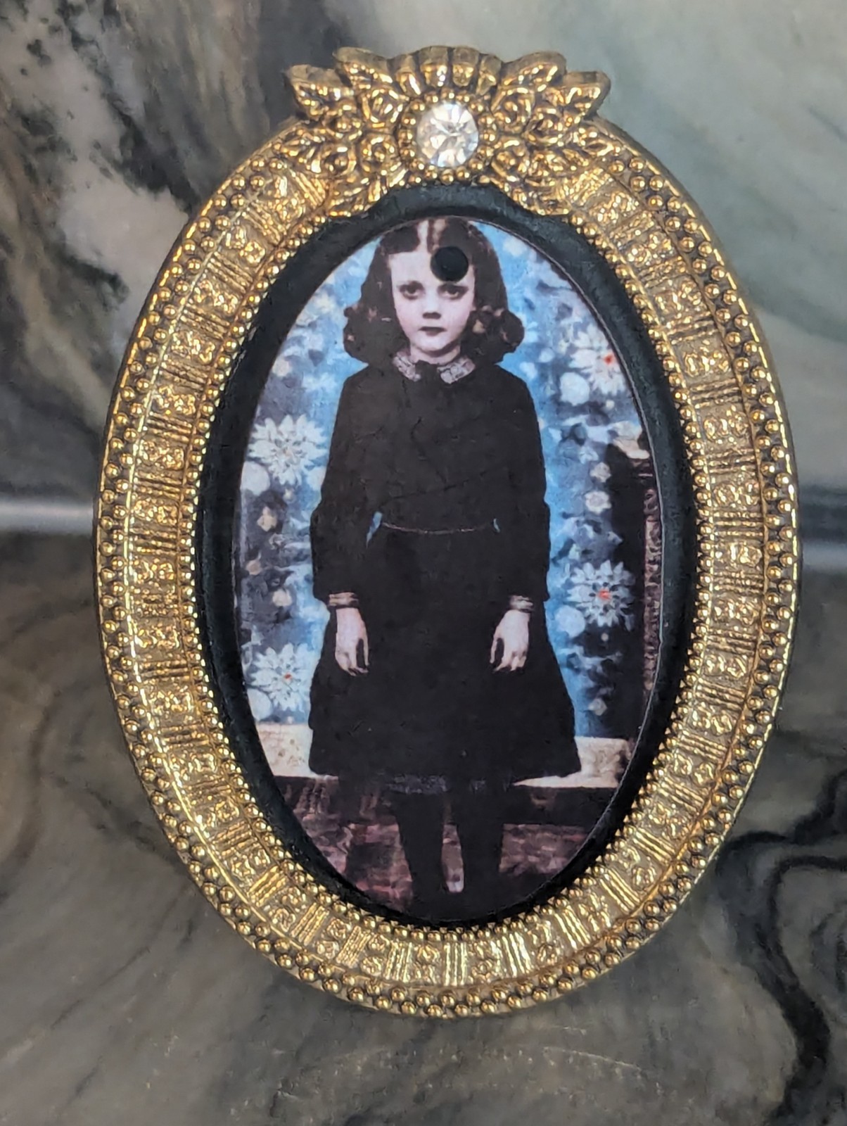 Antique Miniature Gilt Brass Portrait Frame Creepy Girl Victorian Photo Easel