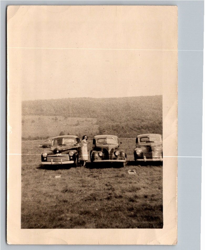 1940s 1948 Ford 1939 Ford 1940 Chrysler Field Vintage B&W Photo Snapshot 1940s 1948 Ford 1939 Ford 1940 Chrysler Field Vintage B&W Photo Snapshot