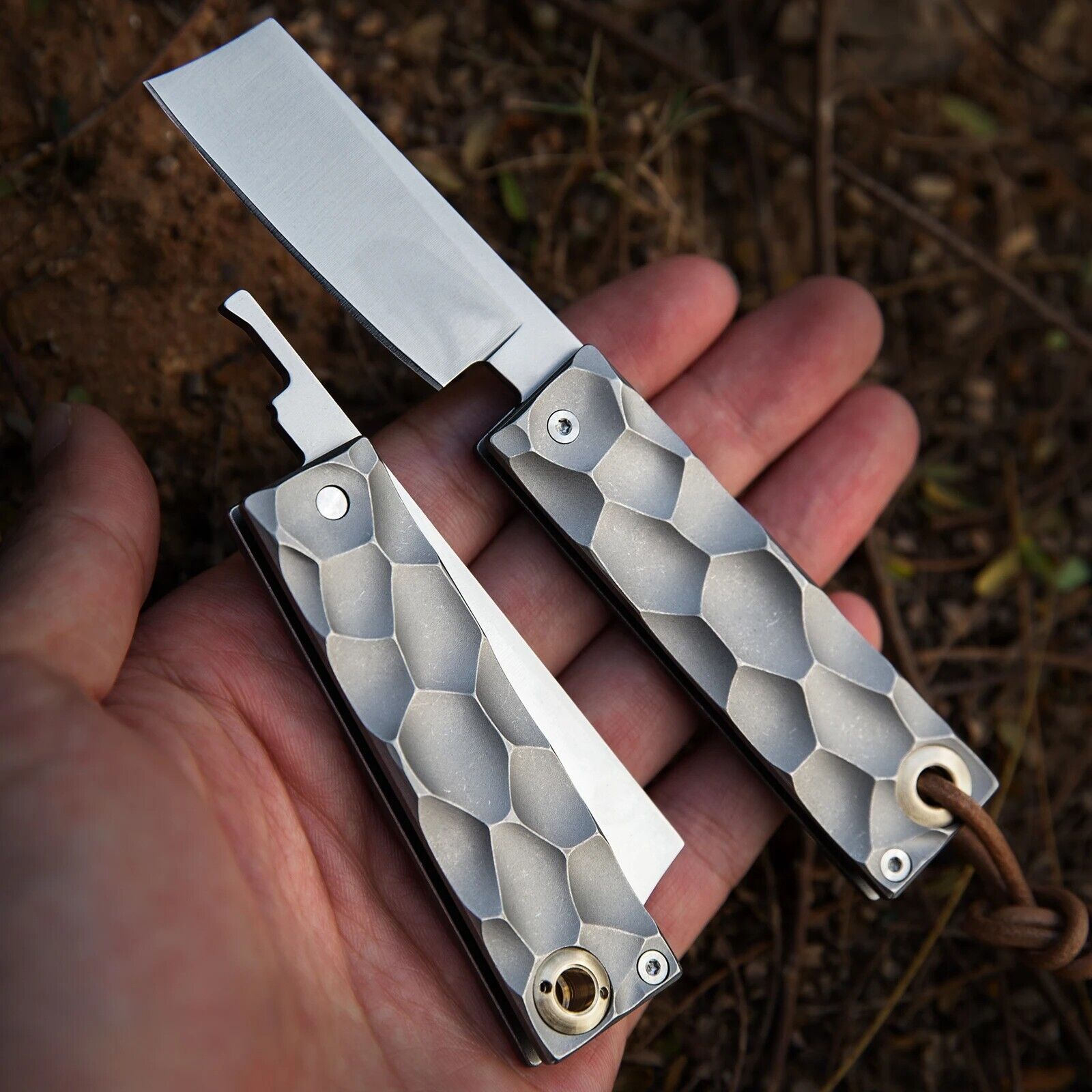Straightback Folding Knife Pocket Hunting Survival Razor 440C Steel Titanium Cut