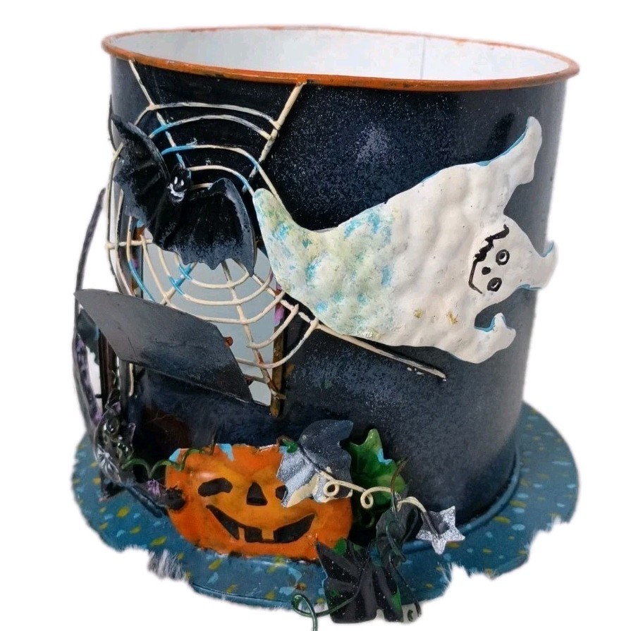 Vintage JCPenney Halloween Tin Candle Holder Sleeve Ghost Pumpkin Bat Spider Web Vintage JCPenney Halloween Tin Candle Holder Sleeve Ghost Pumpkin Bat Spider Web