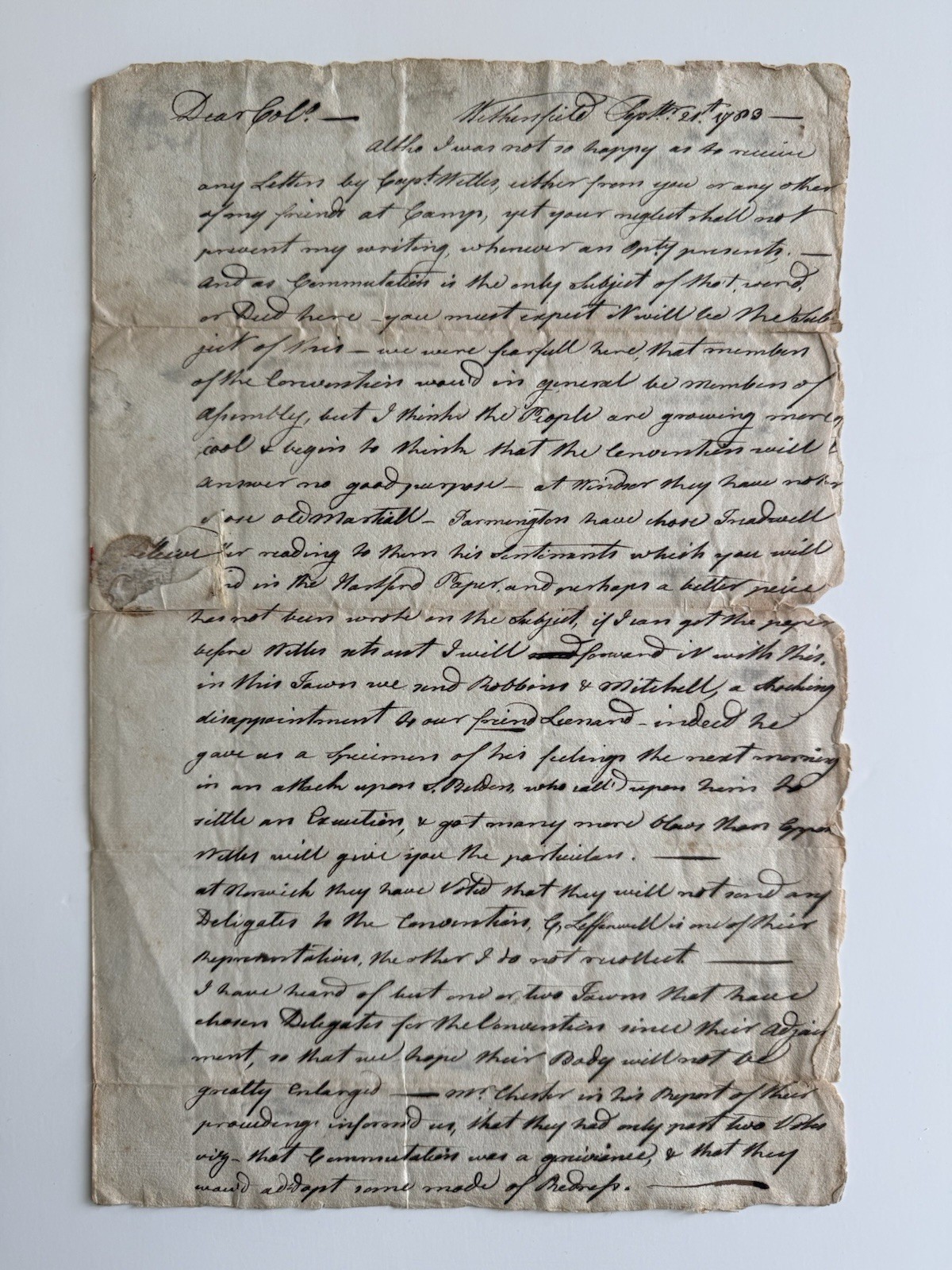 1783 Revolutionary War Letter To Col Ebenezer Huntington Commutation Issue 1783 Revolutionary War Letter To Col Ebenezer Huntington Commutation Issue