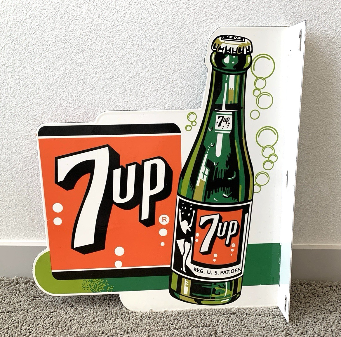 VINTAGE LARGE 7UP DOUBLE SIDED FLANGE SODA POP 7 UP PORCELAIN GAS OIL AD SIGN