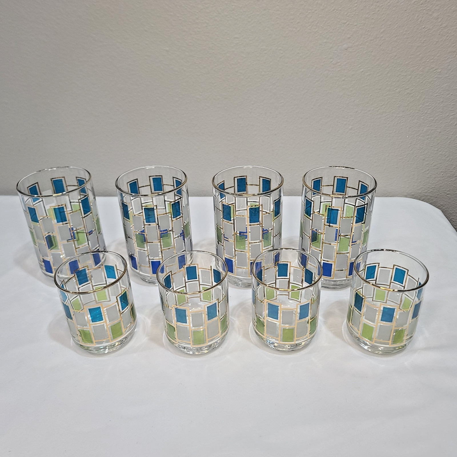 8 VTG. MCM Libby Nordic Glasses Blue Green White 4.5\ 8 VTG. MCM Libby Nordic Glasses Blue Green White 4.5\