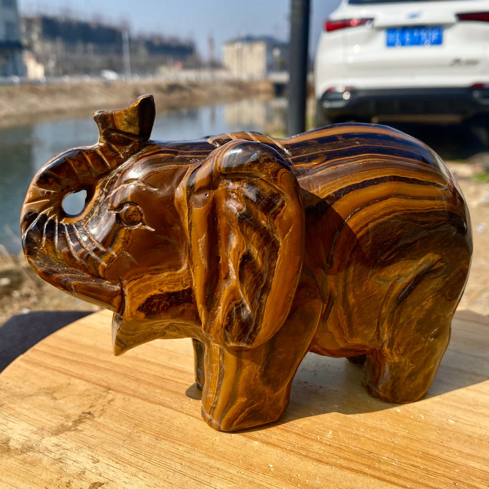 3.72LB Natural Tiger's Eye Gemstone Elephant Figurin Hand Carved Mineral