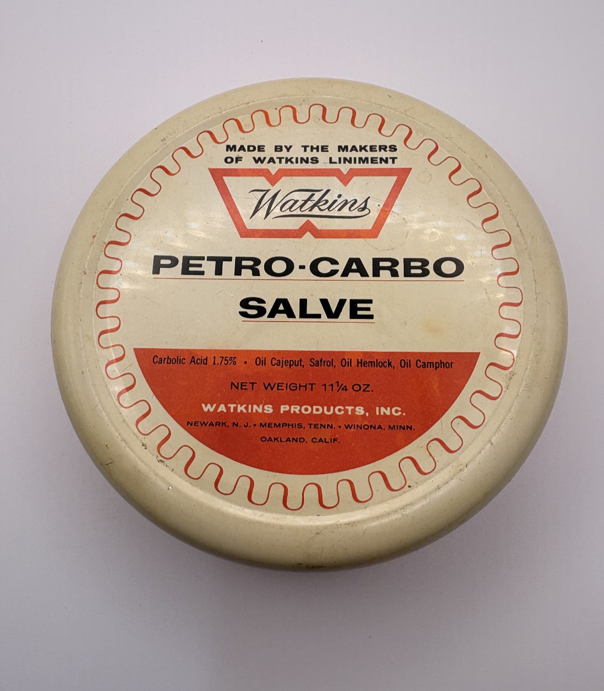 Vintage Watkins Petro-Carbo Salve Metal Tin 11 1/4 Oz Cut Burn Chaffing 98% Full Vintage Watkins Petro-Carbo Salve Metal Tin 11 1/4 Oz Cut Burn Chaffing 98% Full