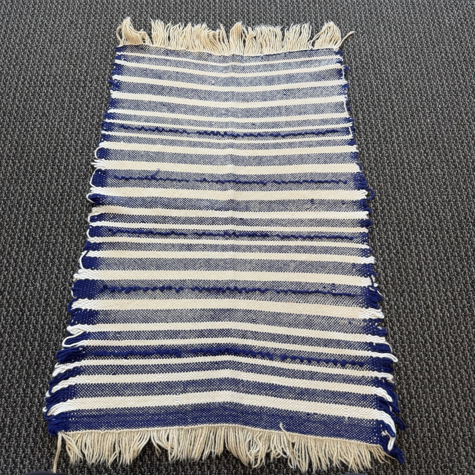 Mexican Artisan Handwoven Flatweave Rug Runner Blue Stripes Fringe 39.5