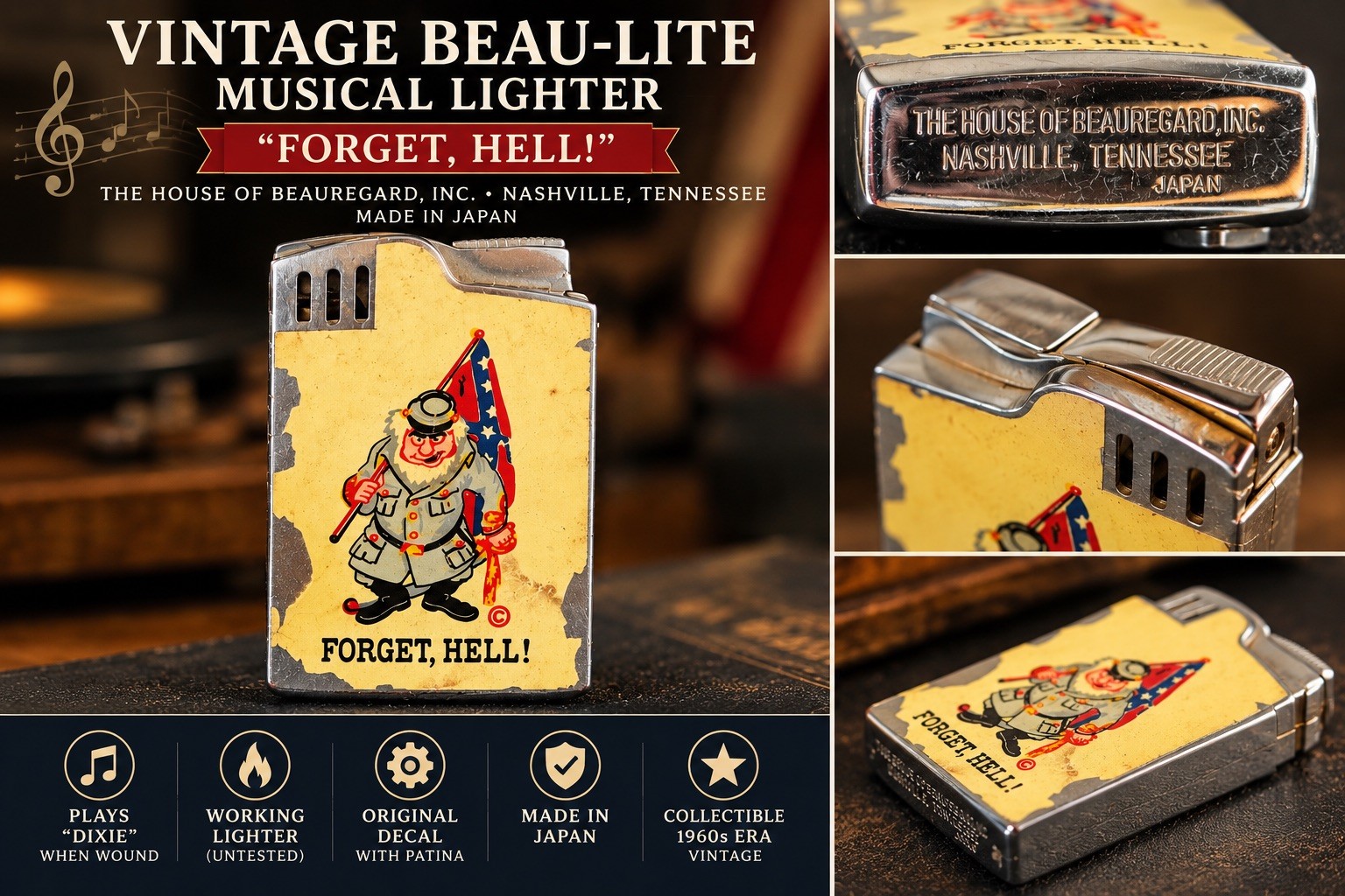 Vintage Beau-Lite Musical Lighter “Forget Hell” Battle Flag Japan 1960s Vintage Beau-Lite Musical Lighter “Forget Hell” Battle Flag Japan 1960s