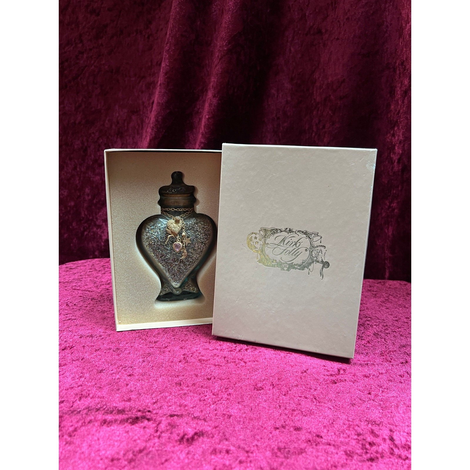 VTG Kirks Folly Glass Follydust Glitter Heart Jar Celestial Charm Original Box