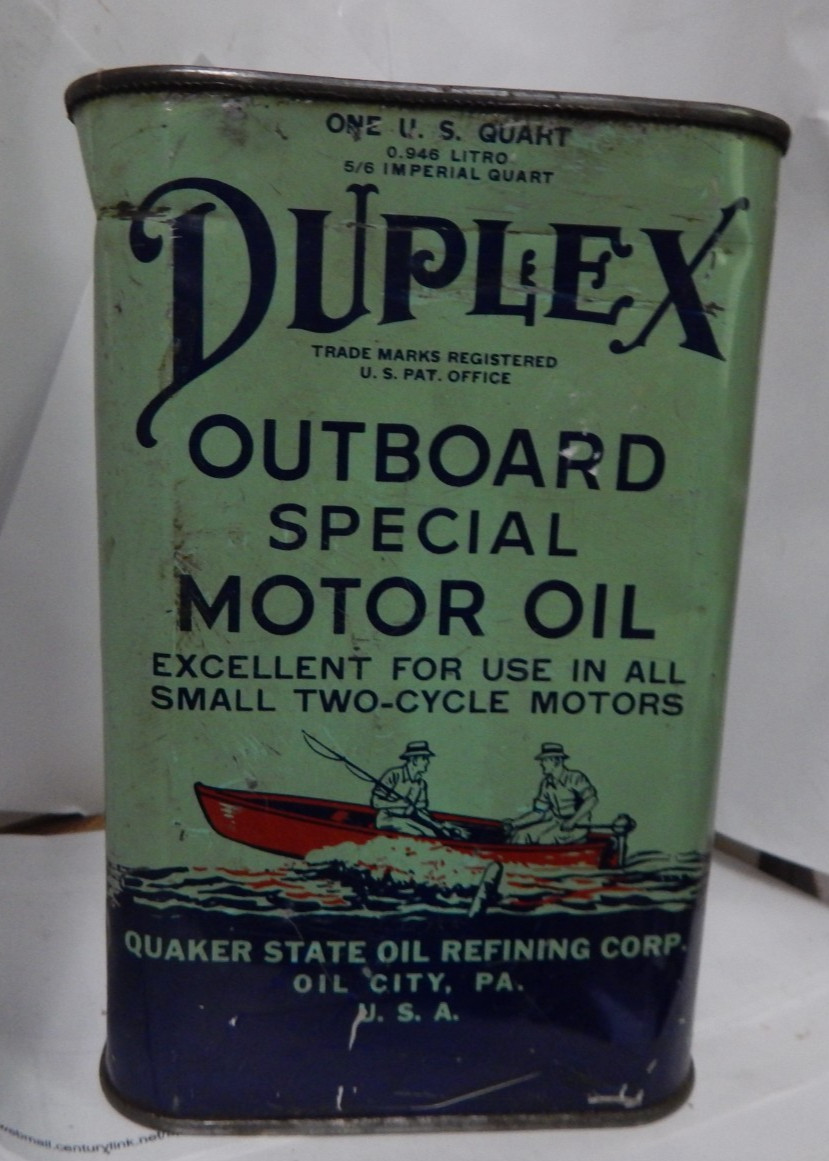 vintage qt tin Duplex outboard special motor oil-Quaker State Oil Oil City,Pa vintage qt tin Duplex outboard special motor oil-Quaker State Oil Oil City,Pa