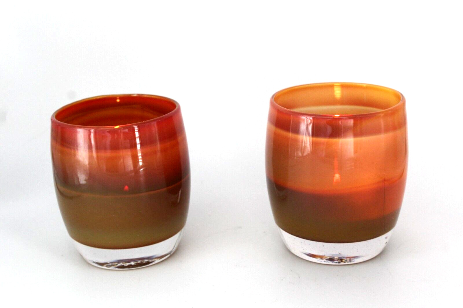 Set of 2 Jane’s Caramel Handblown Art Glass Votives – Striped Candle Holder Fall