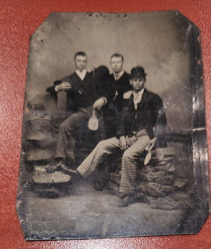 RARE TINTYPE  -- LIKELY EARLIEST KNOWN PHOTOGRAPH OF TABLE TENNIS PLAYERS