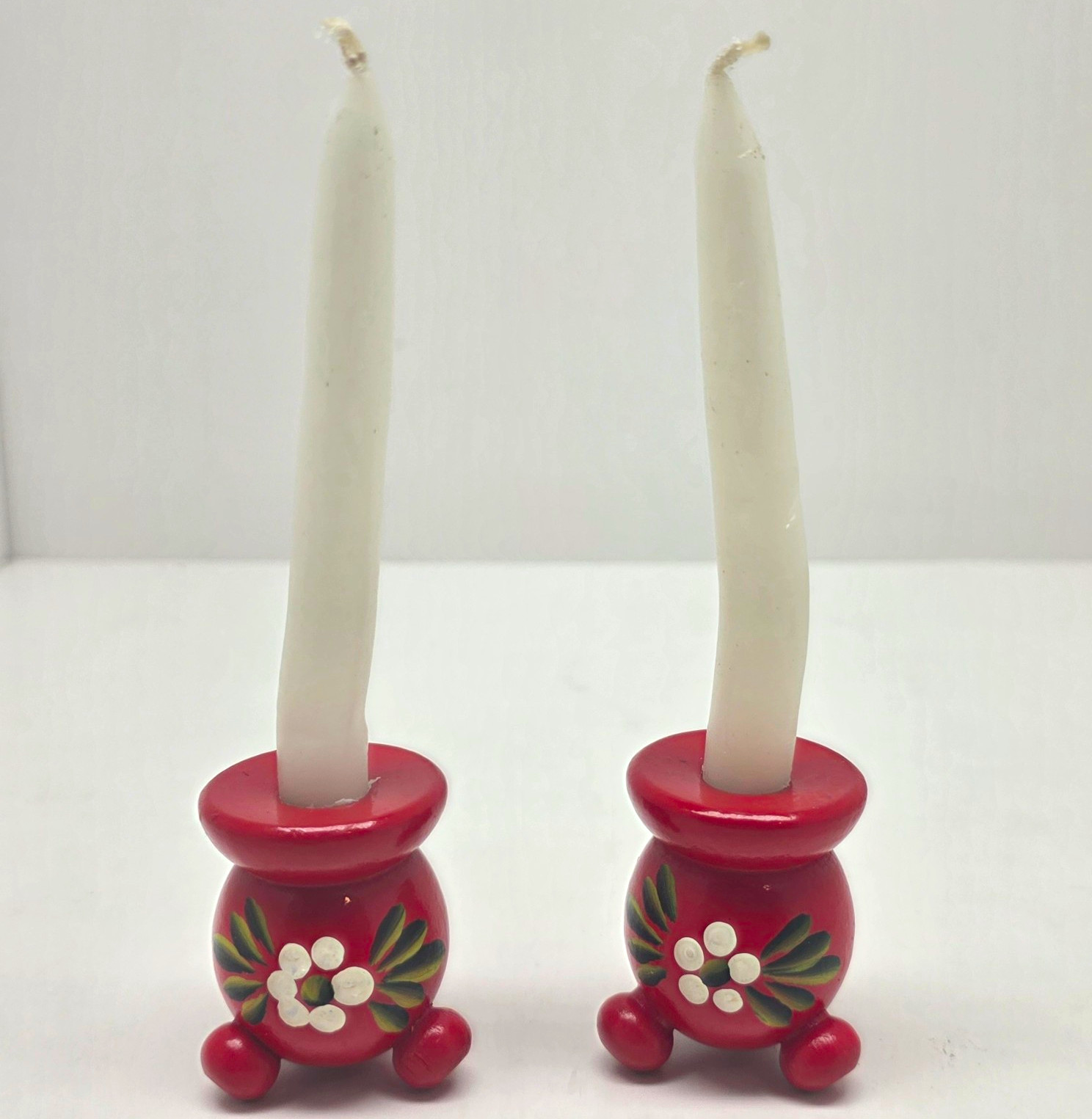 Vintage Swedish Wood Candle Holders Pair Red Hand Painted Floral Folk Art Sweden Vintage Swedish Wood Candle Holders Pair Red Hand Painted Floral Folk Art Sweden