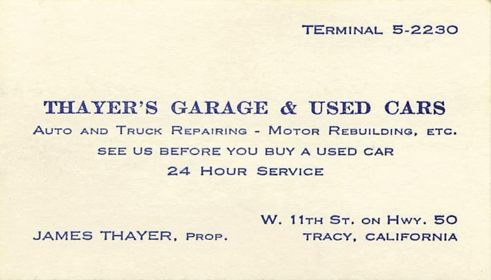 Vintage Thayer\'s Garage Used Cars Auto Repair Tracy CA Advertising Postcard