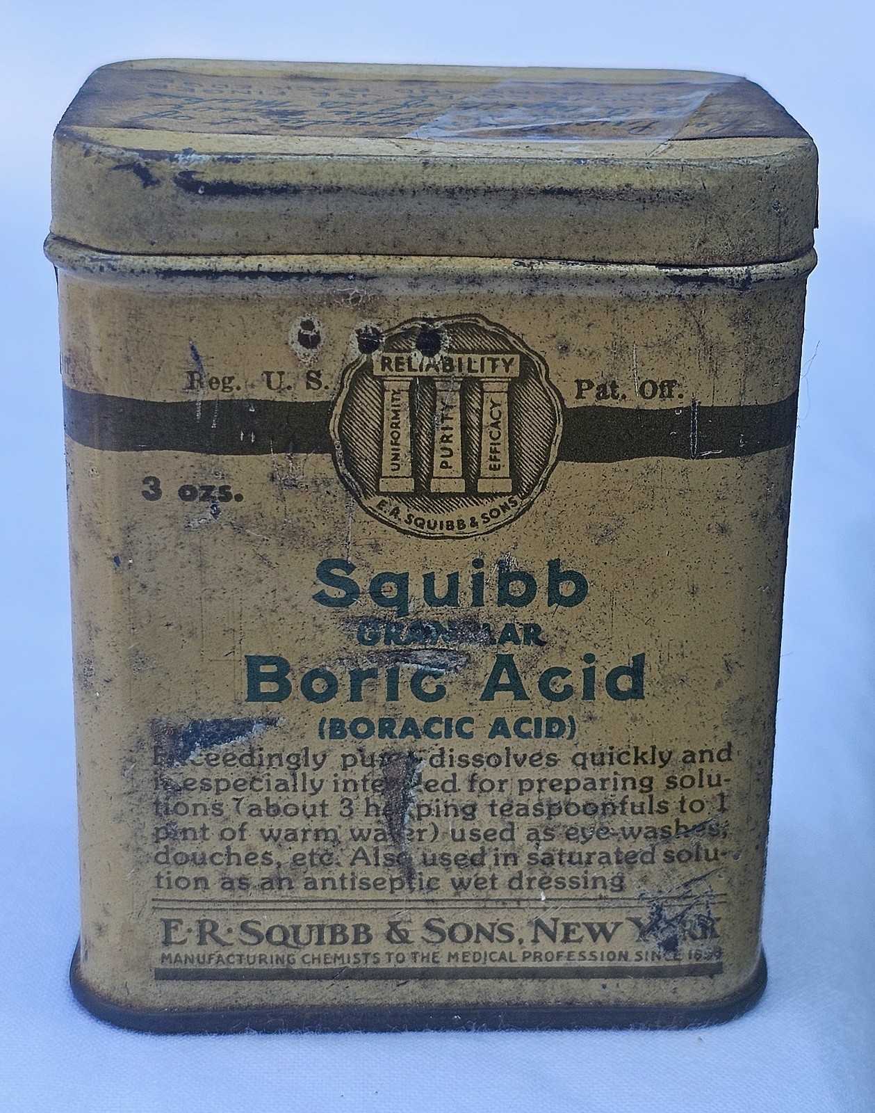 Vintage Tin Medicine ER Squibb & Sons Granular Boric Acid w/Paper Label Top 3
