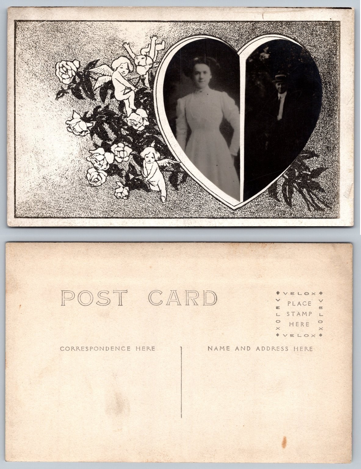 Antique RPPC Postcard Couple Heart Portrait Cherubs Roses Velox 1907-1914 Antique RPPC Postcard Couple Heart Portrait Cherubs Roses Velox 1907-1914