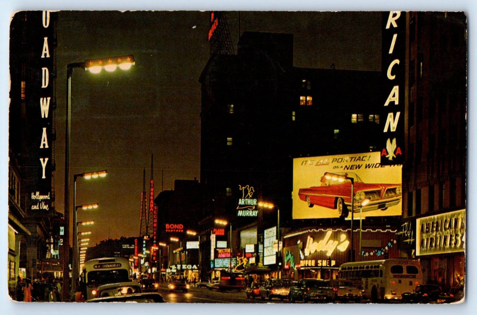 1963 Hollywood California Postcard Looking West Boulevard Vine Street Center