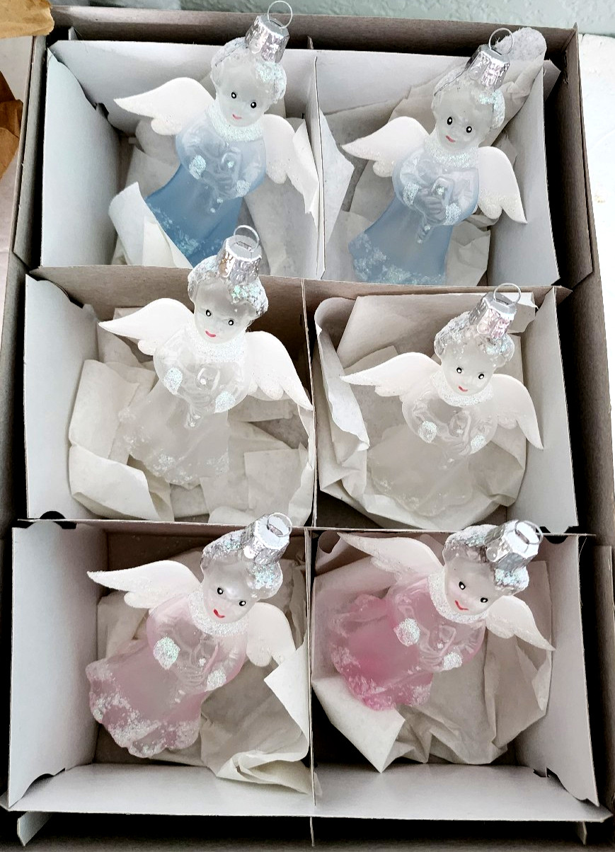 Set of 6 Retro Handmade Czech Glass Christmas Ornaments Angel w/ Flute 4.25