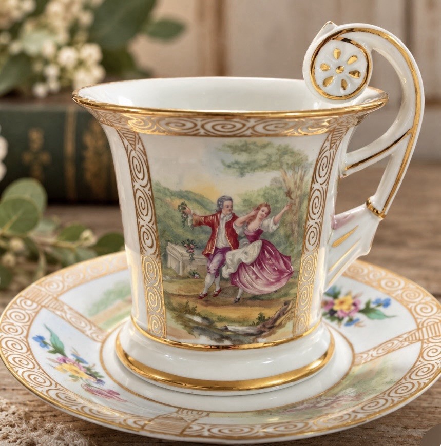 Vintage Porcelain Cup & Saucer Courting Couple Gold Gilt Ornate Pierced Handle Vintage Porcelain Cup & Saucer Courting Couple Gold Gilt Ornate Pierced Handle