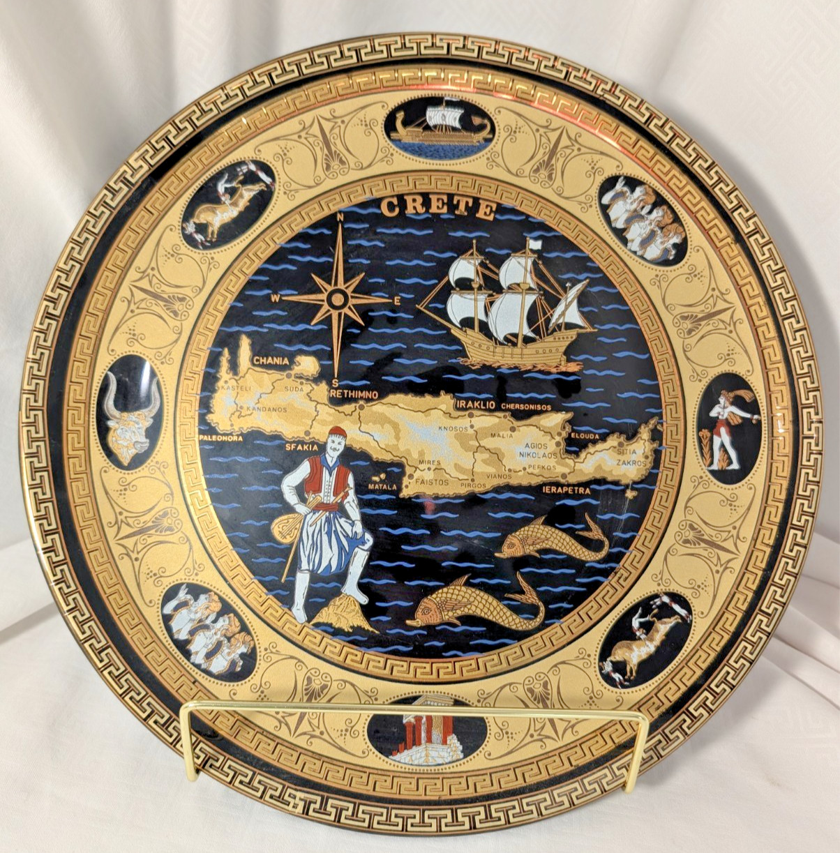 Vintage V Stakias Designs Crete Greece Map Decorative Wall Plate 24K Gold 11