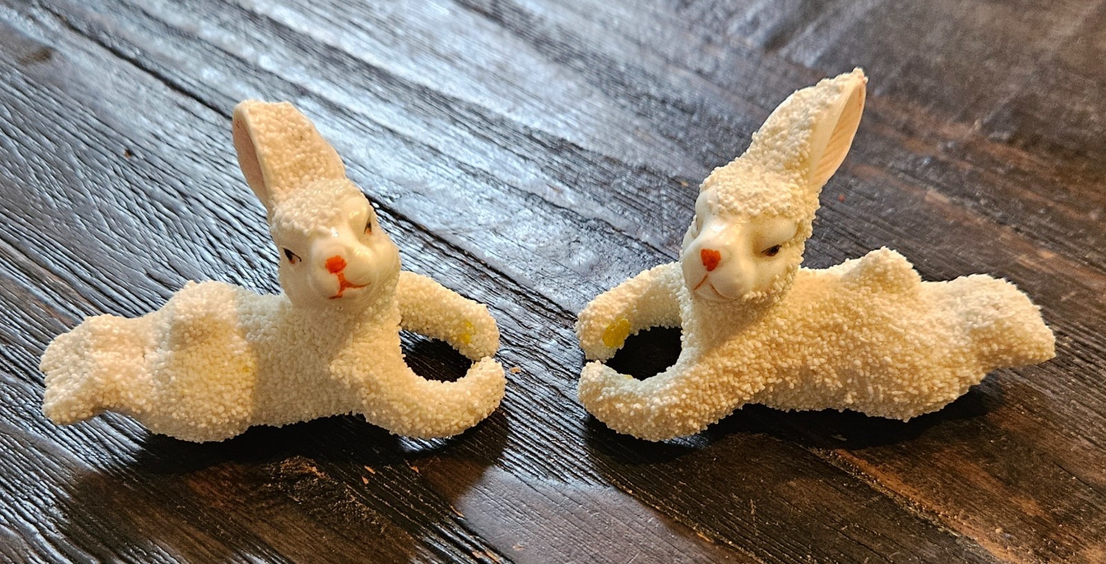 Vintage White Coralene Sugar Coated Porcelain Bunny Candle Climbers Pair Vintage White Coralene Sugar Coated Porcelain Bunny Candle Climbers Pair