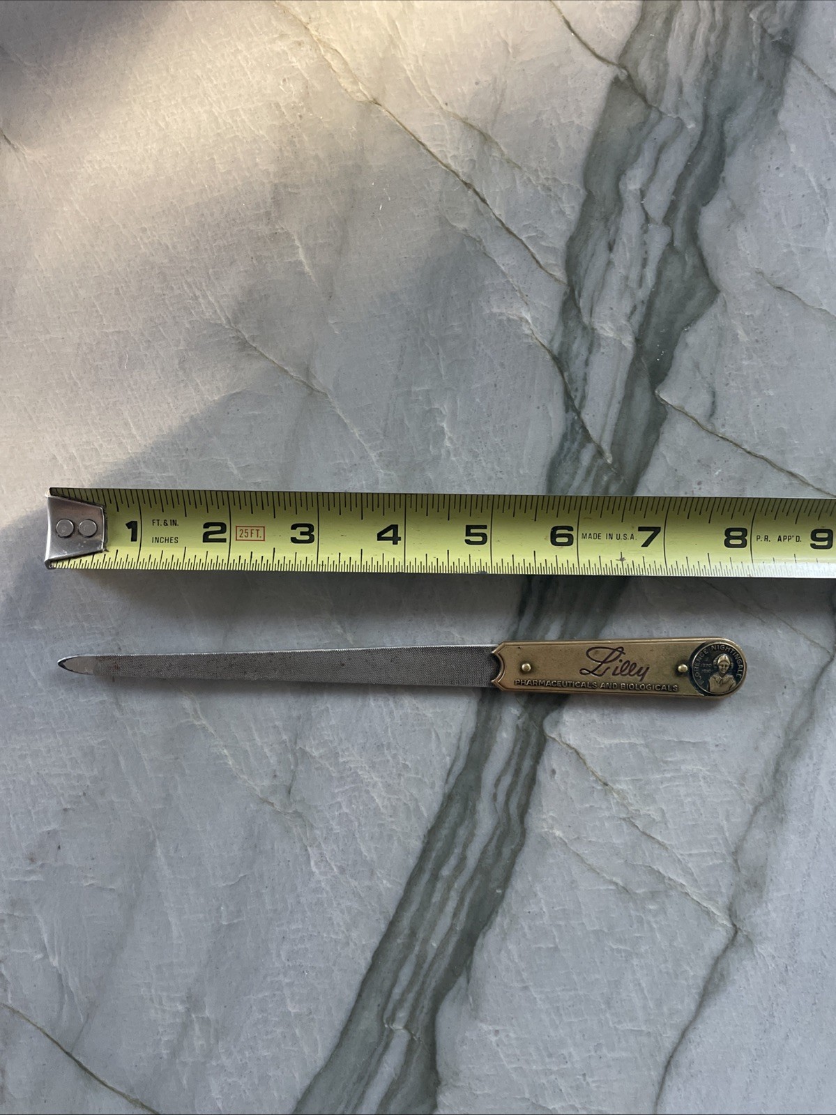 Vintage Brass Lilly Pharmaceutical Advertising Nail File Florence Nightingale 8” Vintage Brass Lilly Pharmaceutical Advertising Nail File Florence Nightingale 8”