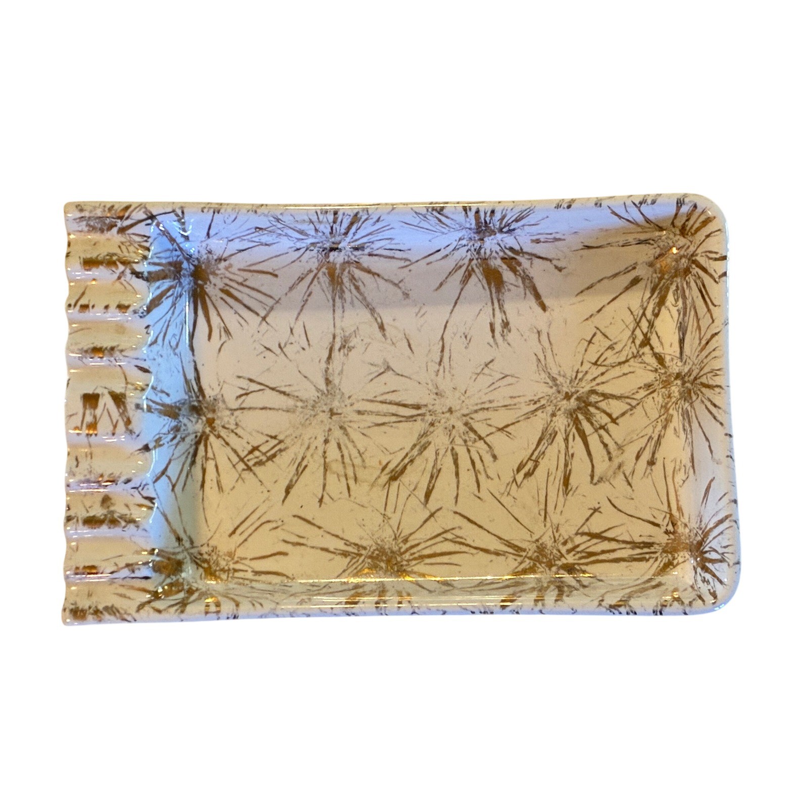 1960s Vintage 24KT Gold Starburst Ceramic Ashtray White Good Atomic MCM USA