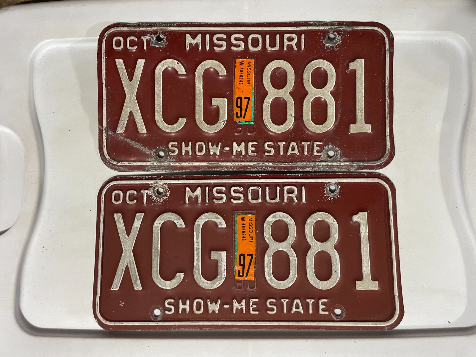 Missouri License Plate Pair of License Plates 1997 OCTOBER XCG 881 Missouri License Plate Pair of License Plates 1997 OCTOBER XCG 881