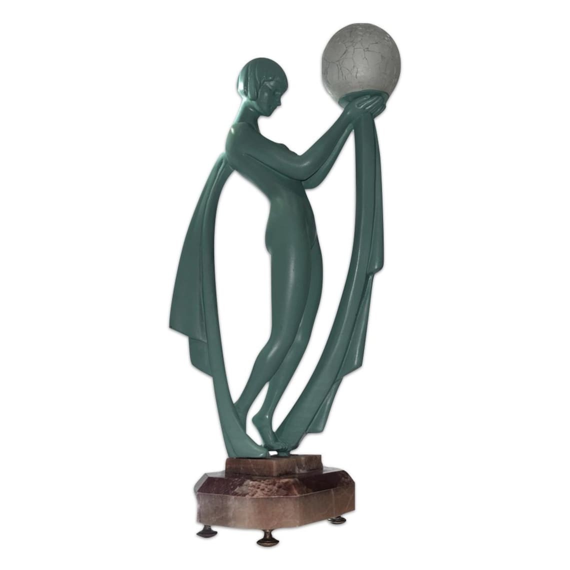 1930s Art Deco Lady Lamp, Patinated Spelter Dancer Sculpture, Marble Base. 1930s Art Deco Lady Lamp, Patinated Spelter Dancer Sculpture, Marble Base.