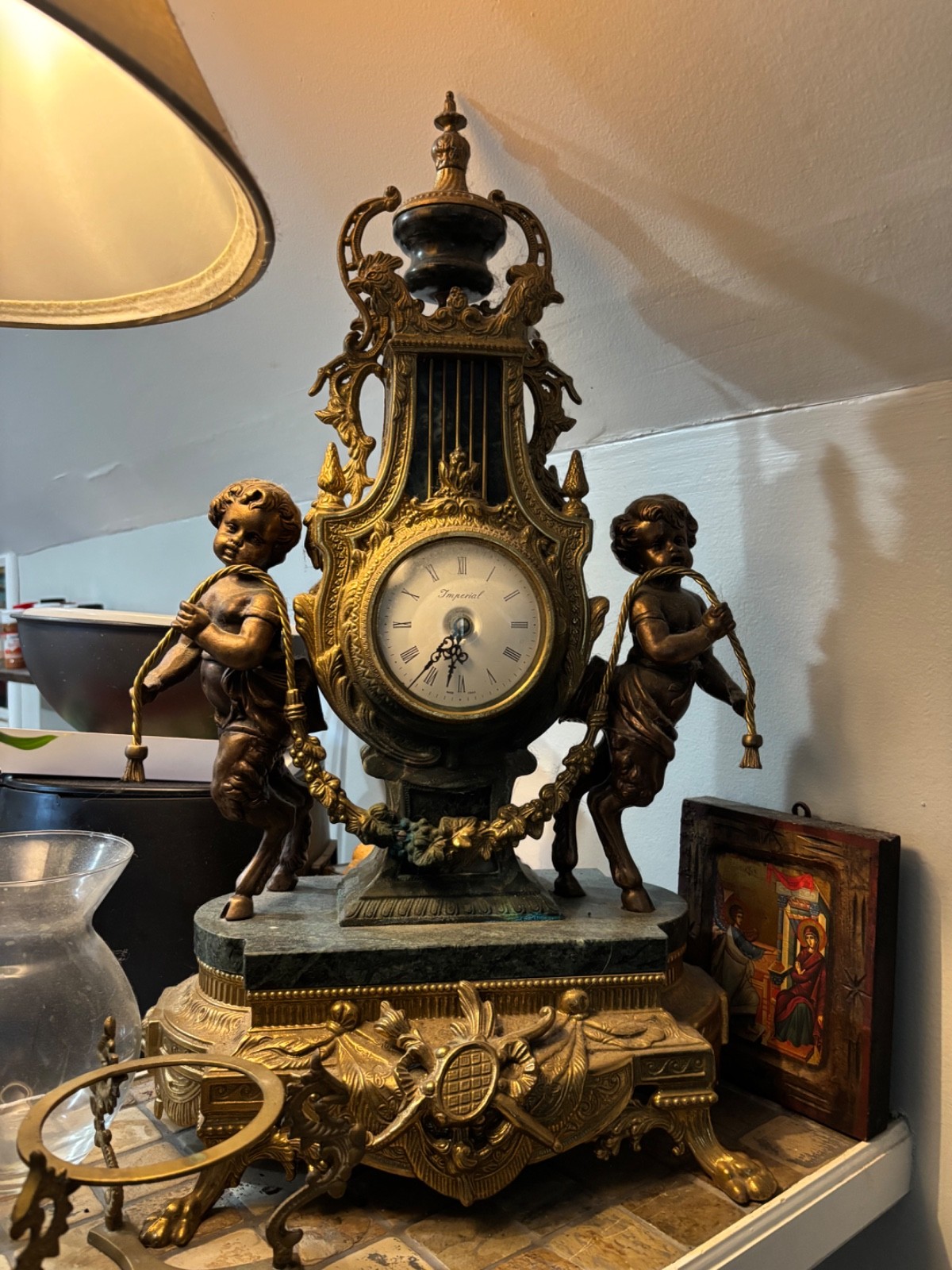 VINTAGE ITALIAN IMPERIAL 3 PIECE BRASS & MARBLE CLOCK & CANDELABRAS VINTAGE ITALIAN IMPERIAL 3 PIECE BRASS & MARBLE CLOCK & CANDELABRAS