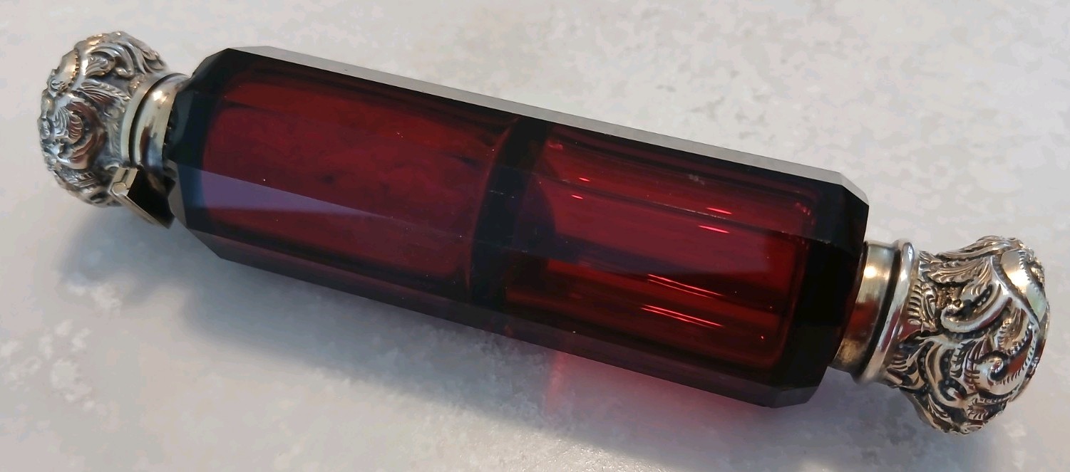 Antique Victorian 10 sided Ruby Red Glass Perfume Bottle / Flask double ended Antique Victorian 10 sided Ruby Red Glass Perfume Bottle / Flask double ended