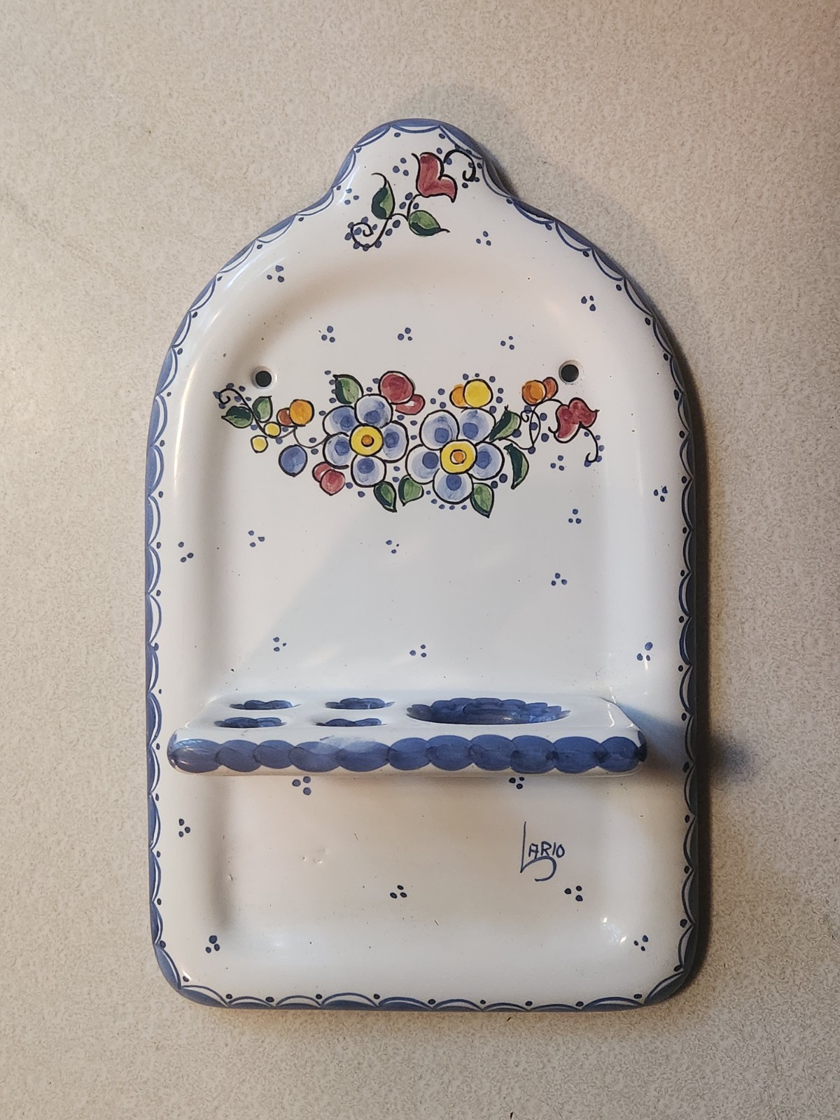 Vintage Spanish signed hand-painted ceramic wall candle match holder wall sconce Vintage Spanish signed hand-painted ceramic wall candle match holder wall sconce