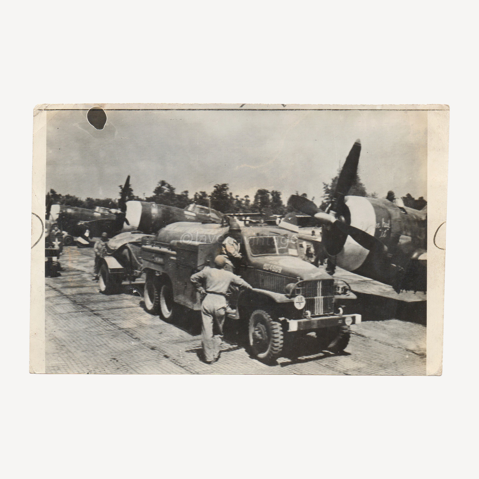 1945C WWII US Military Press Photo, Hunter Aircraft P-47 Thunderbolts w GMC CCKW