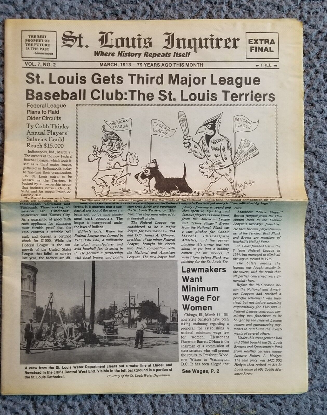 Vintage St Louis Inquirer Newspaper 1913 MLB STL Terriers New Baseball Team Mo