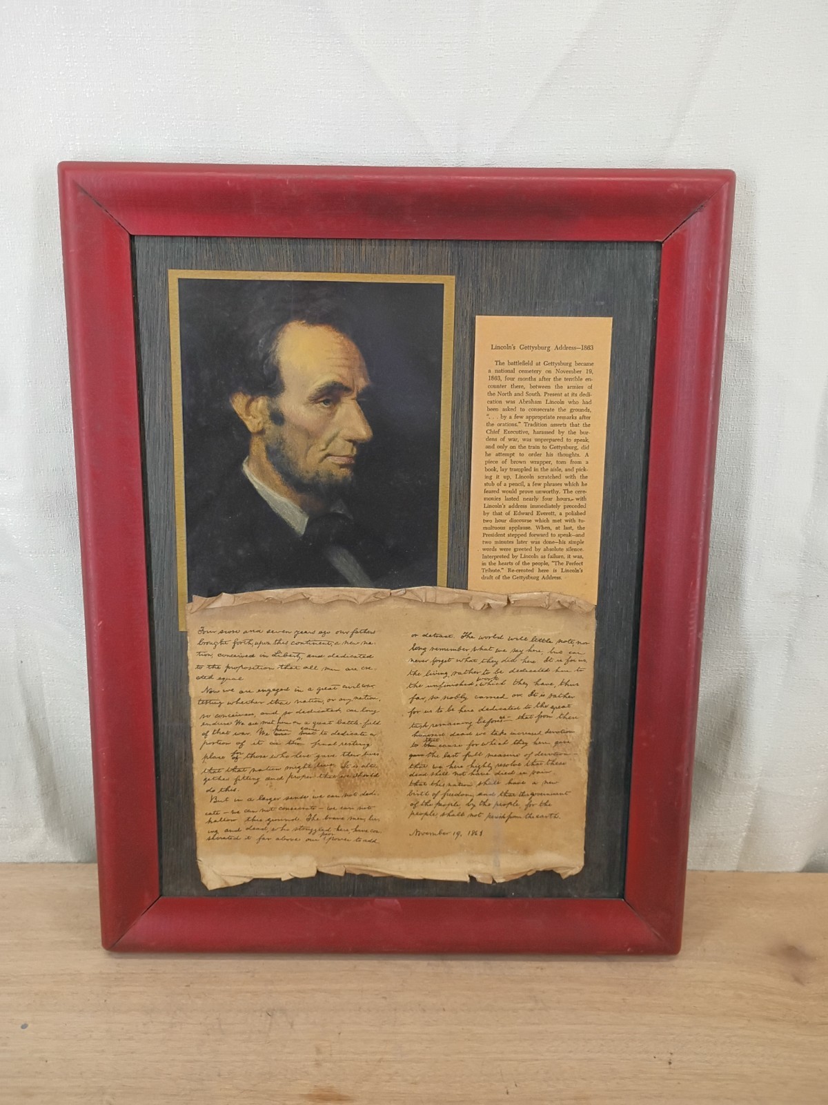 Vintage Framed Abraham Lincoln Gettysburg Address Picture 18x14\