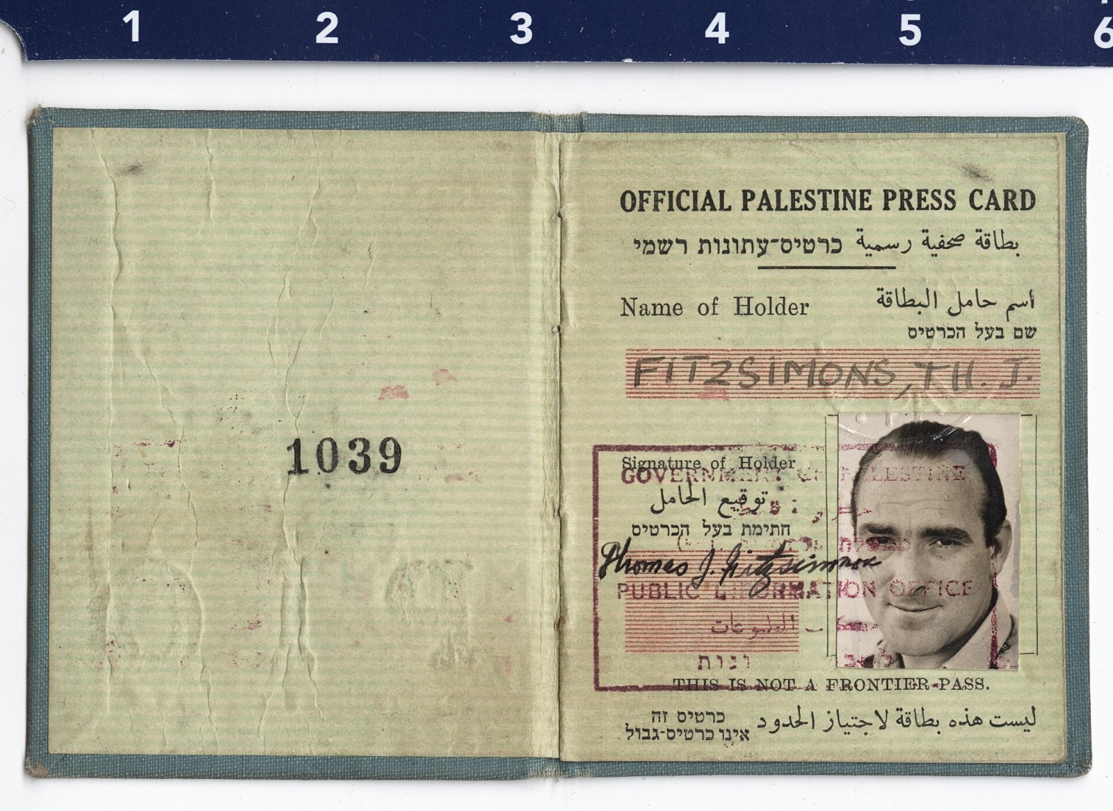 1948 Palestine Press Card for Associated Press Photographer Thomas Fitzsimmons 1948 Palestine Press Card for Associated Press Photographer Thomas Fitzsimmons