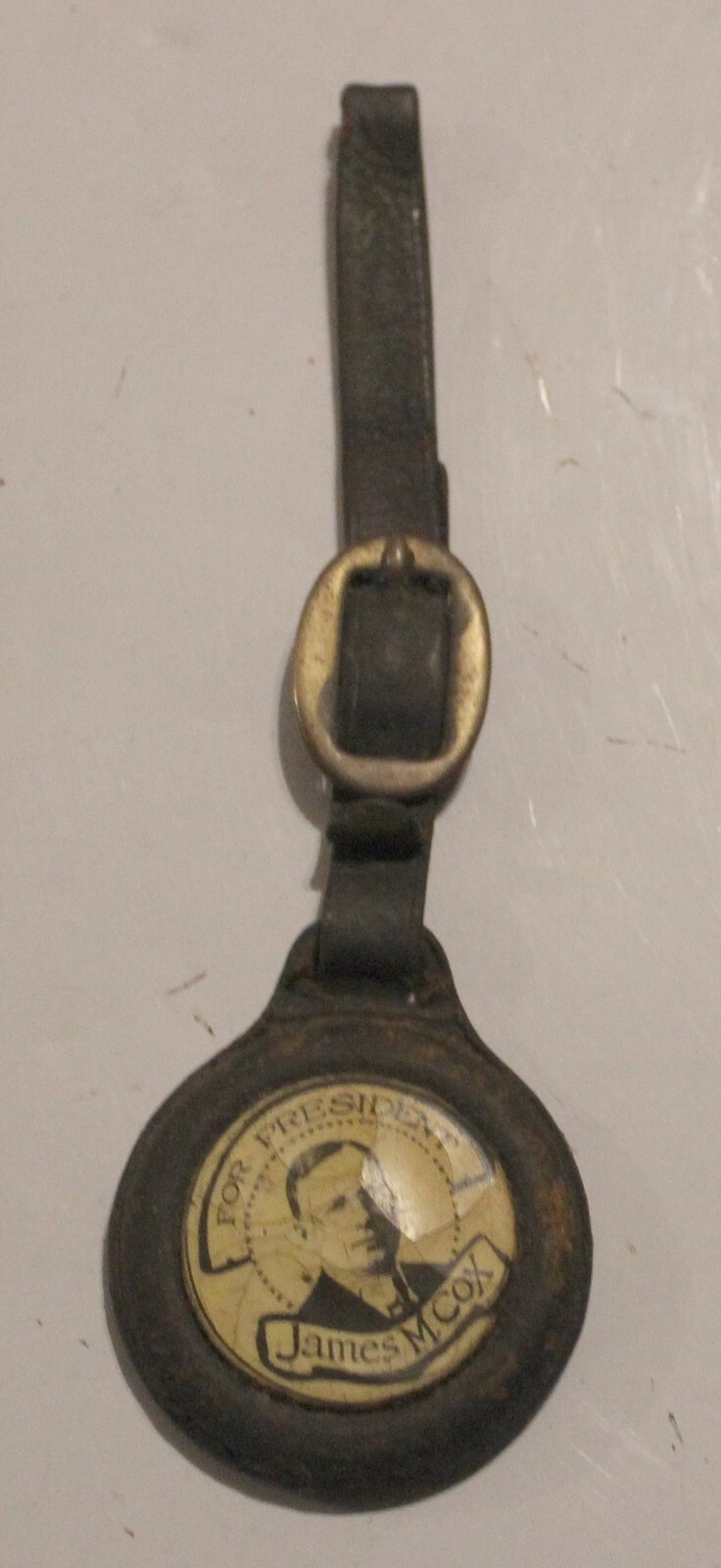 James M Cox for President Real Photo Watch Fob Button Leather Rare Political James M Cox for President Real Photo Watch Fob Button Leather Rare Political
