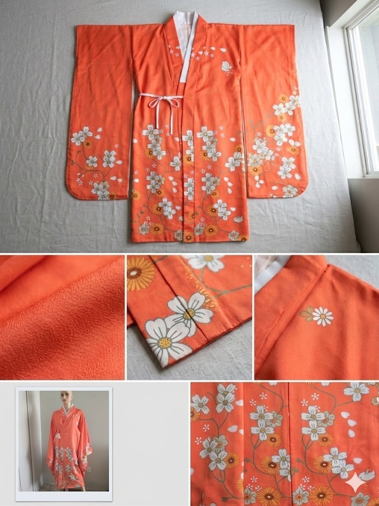 Vintage Japanese Kimono Robe Coral Orange Floral Bird Long Sleeve L XL New Vintage Japanese Kimono Robe Coral Orange Floral Bird Long Sleeve L XL New