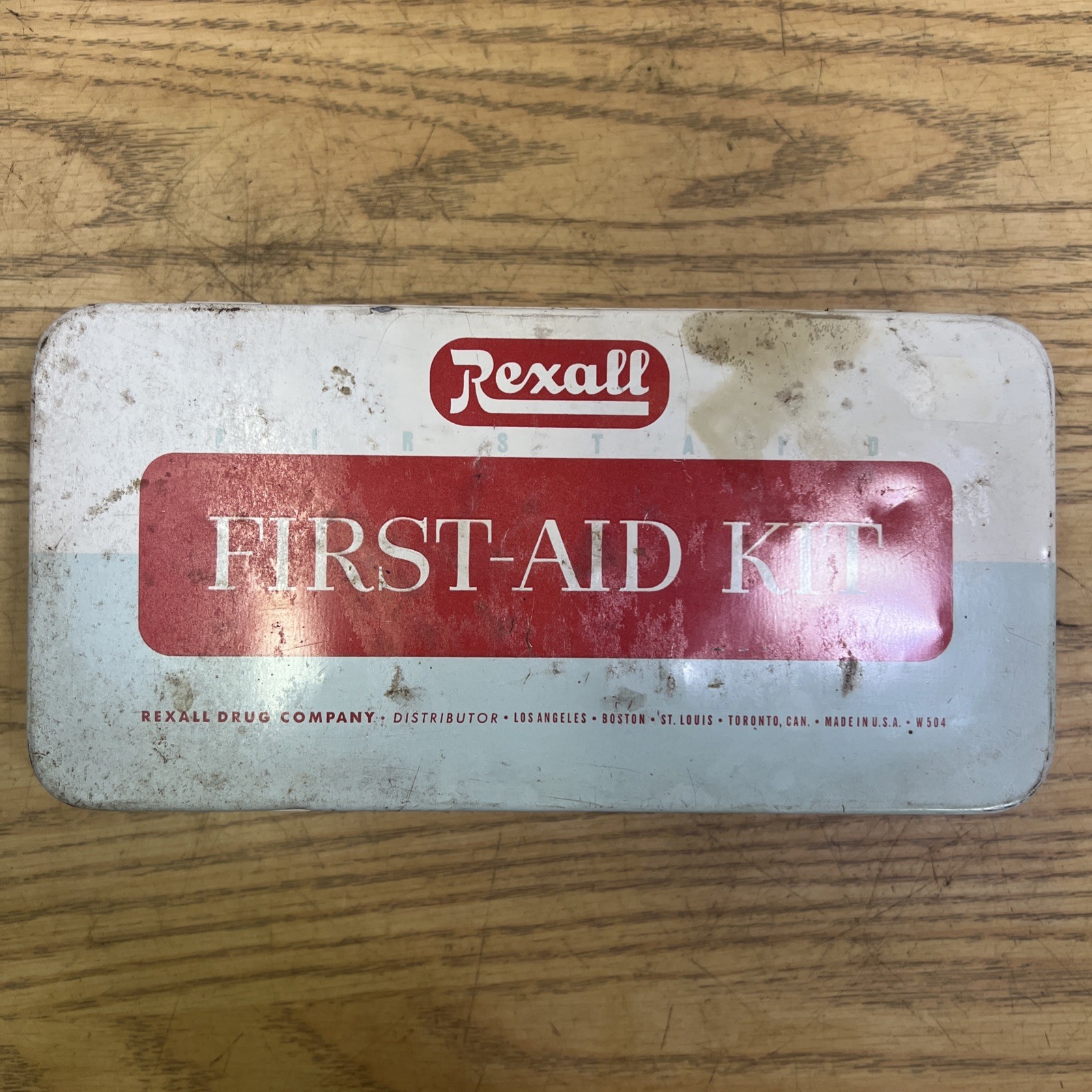 Vtg 1950s Rexall 504 First Aid Kit Tin Mid Century Medical Decor Supplies USA