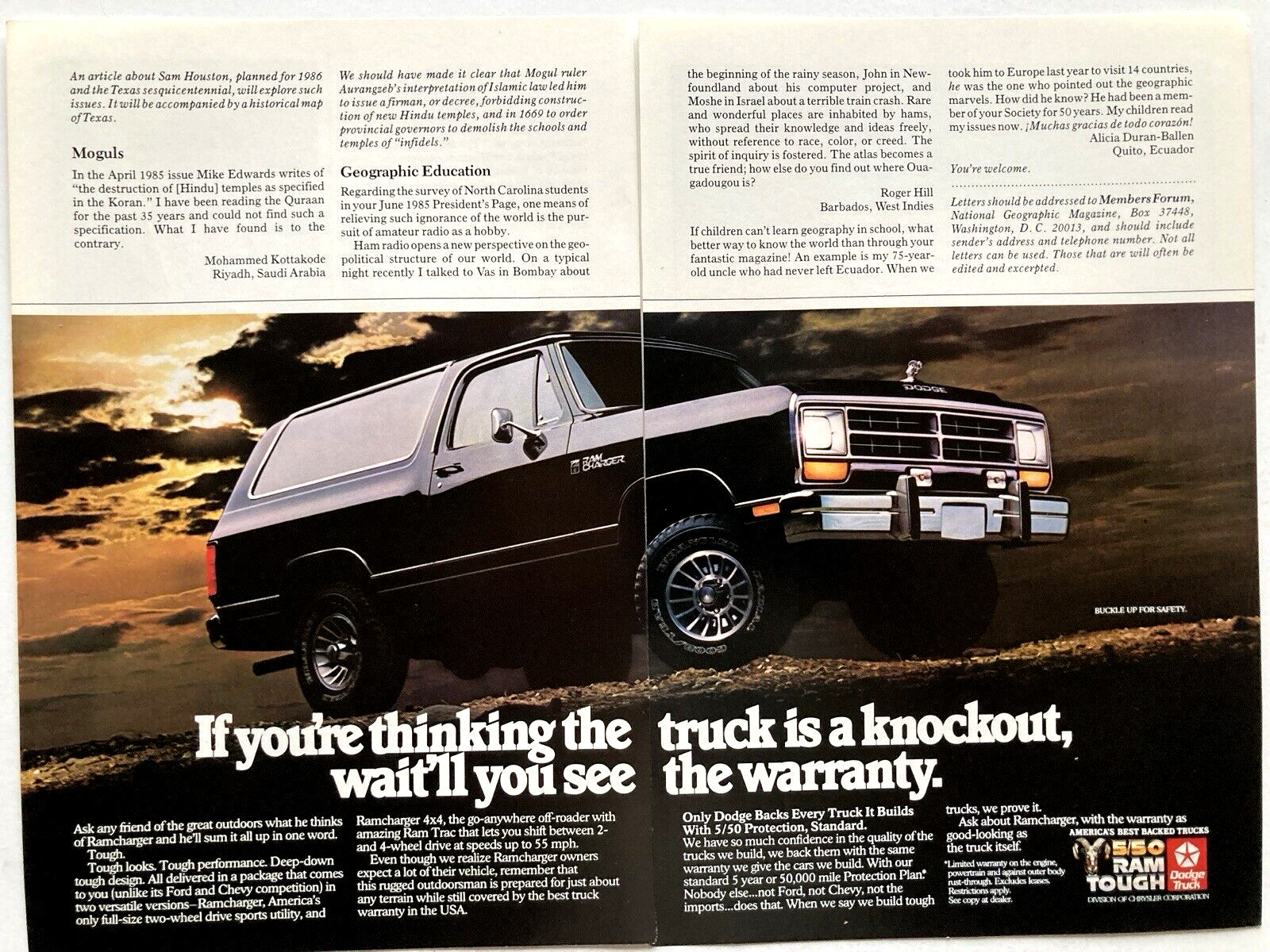 1985 Dodge Ram Charger Truck Two Page Print Ad Knockout