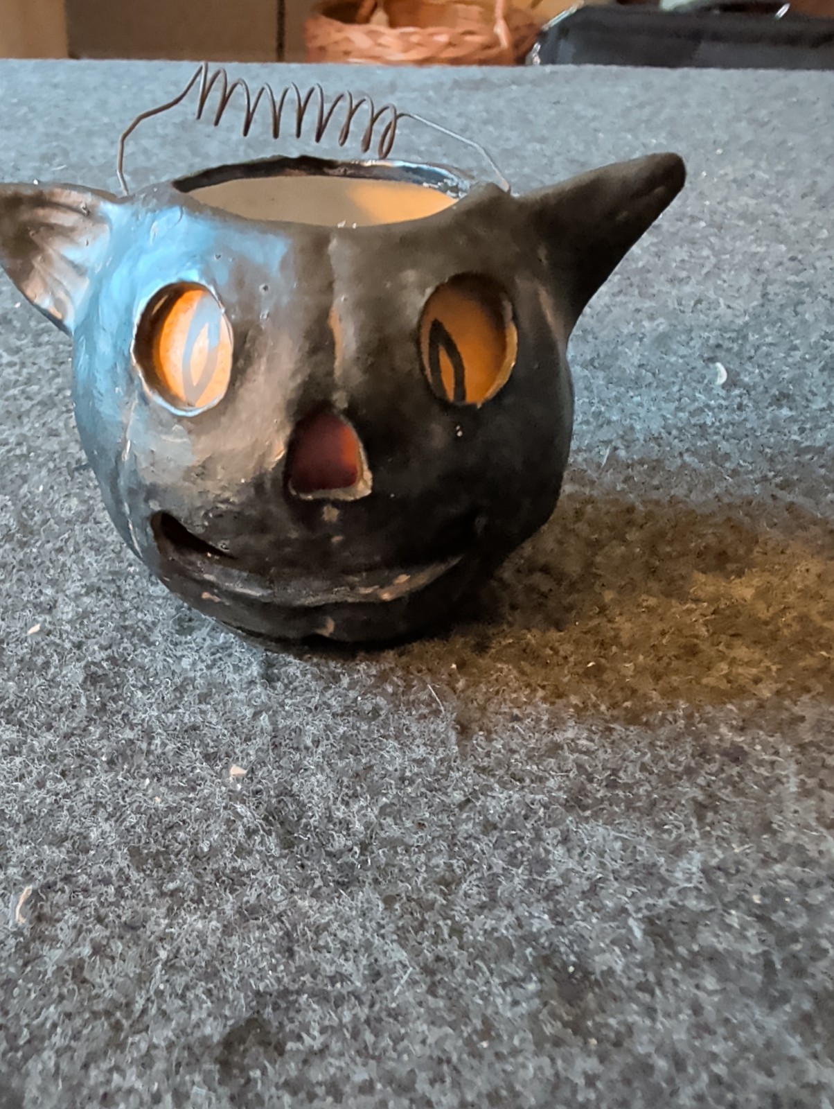 Poliwoggs Halloween Black Cat Bucket Paper Mache American Folk Art 2001 AS IS