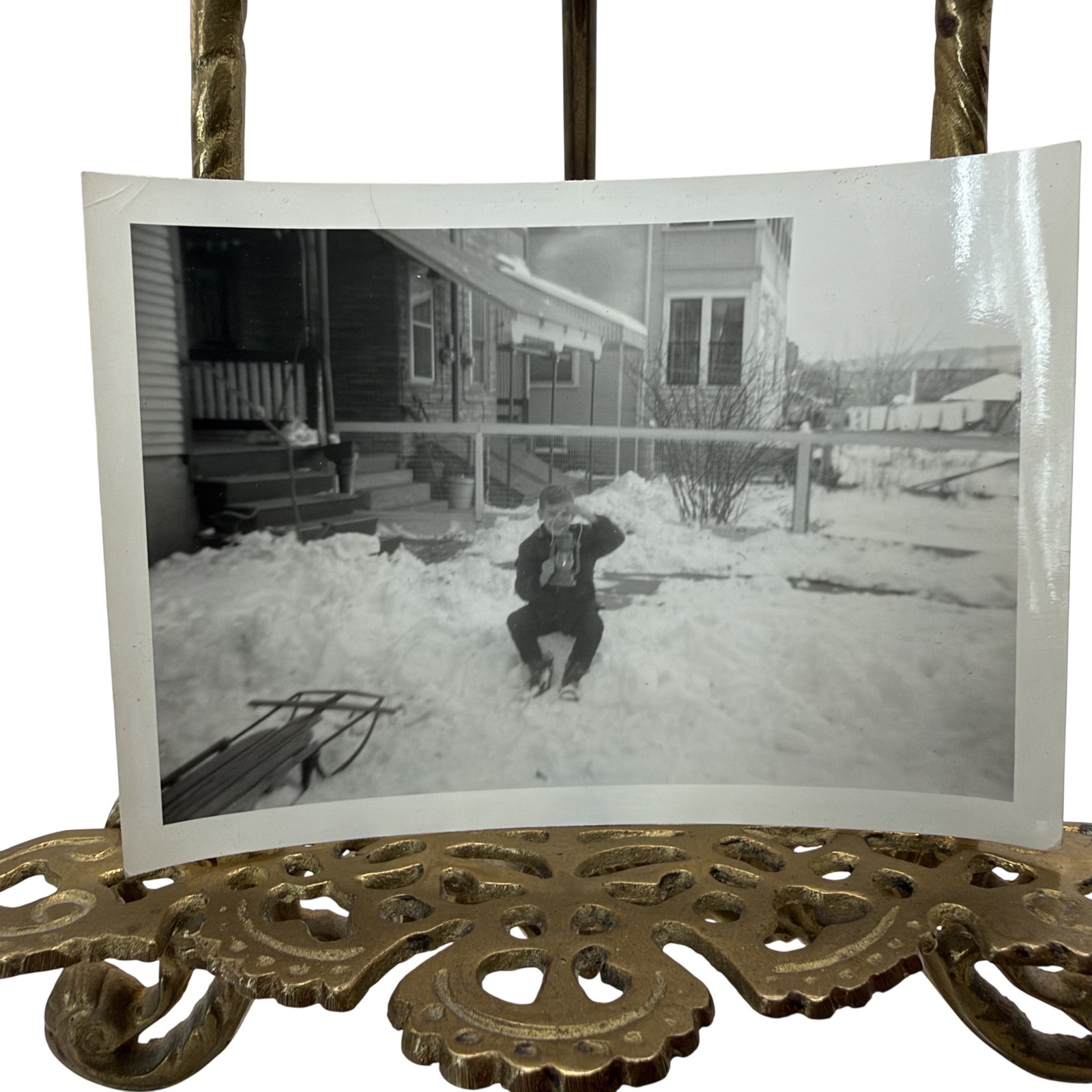 Vintage 1963 Boy Winter Snow Sled Yard Snapshot Photo 3.5x5 B&W Gelatin Orig