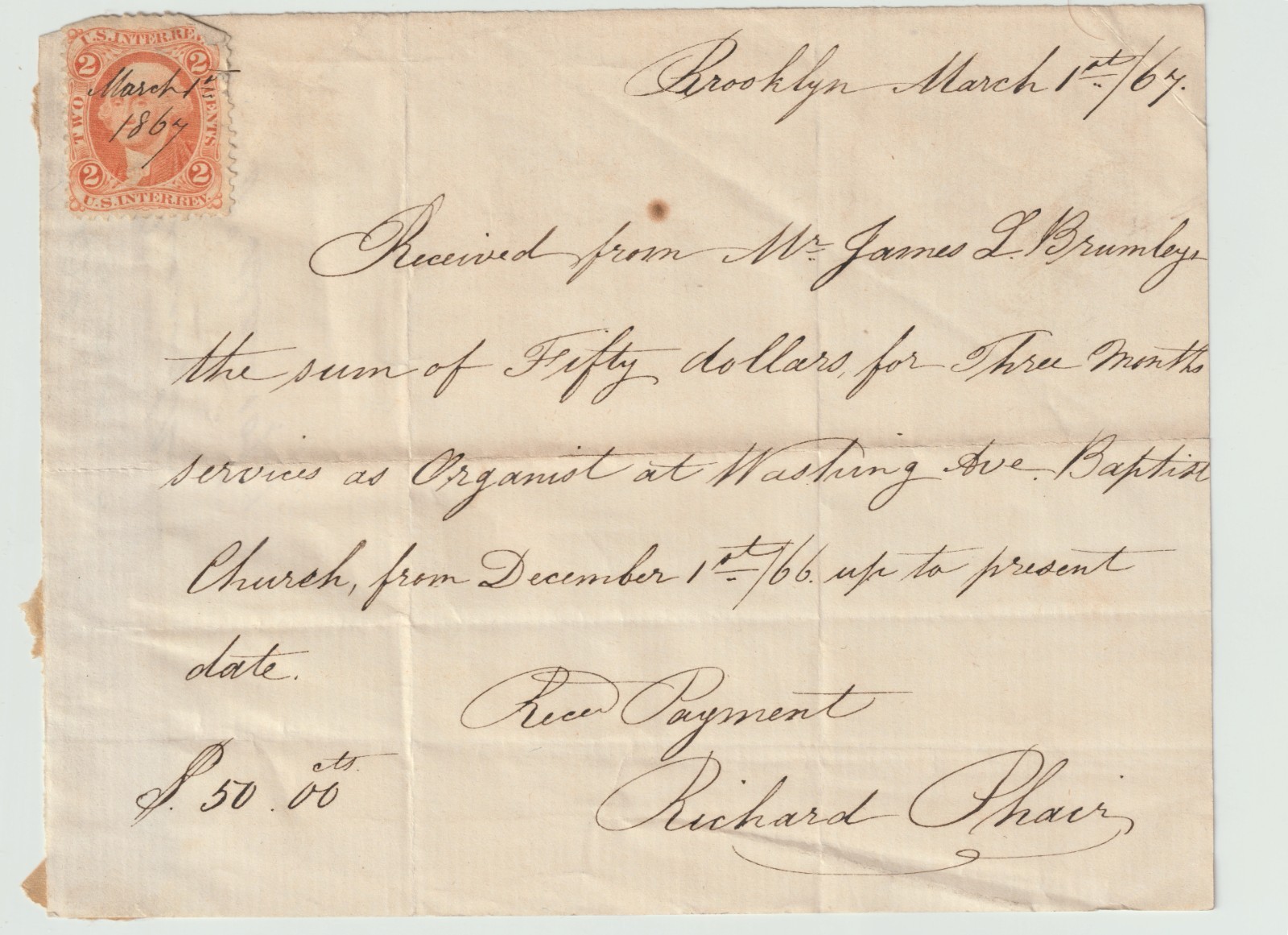 1864 Brooklyn, New York – Original $50 Receipt for Church Organist Services