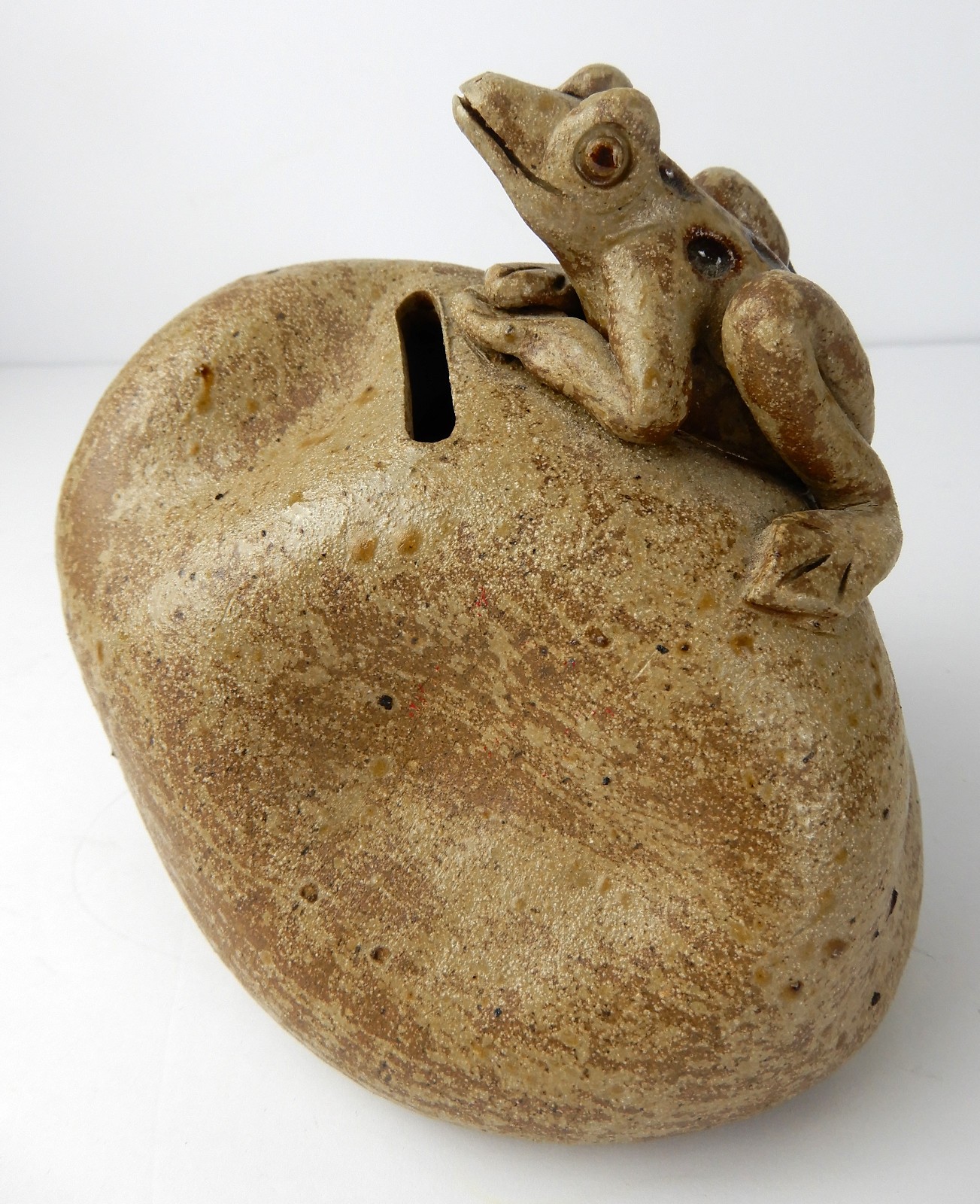 Studio Art Pottery Frog On Rock Coin Bank
