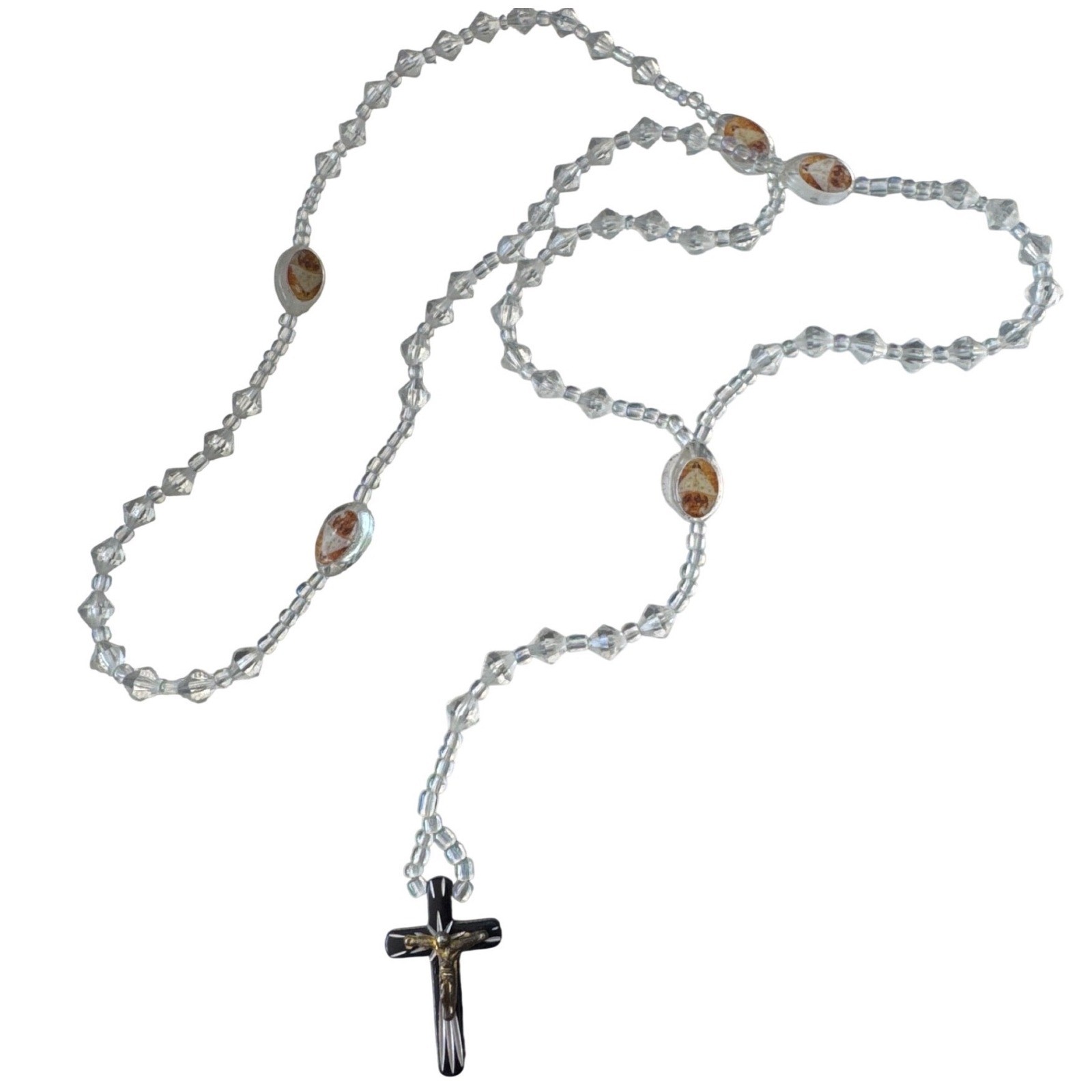 Vintage Catholic Rosary Clear Faceted Glass Beads Black Crucifix Religious Vintage Catholic Rosary Clear Faceted Glass Beads Black Crucifix Religious