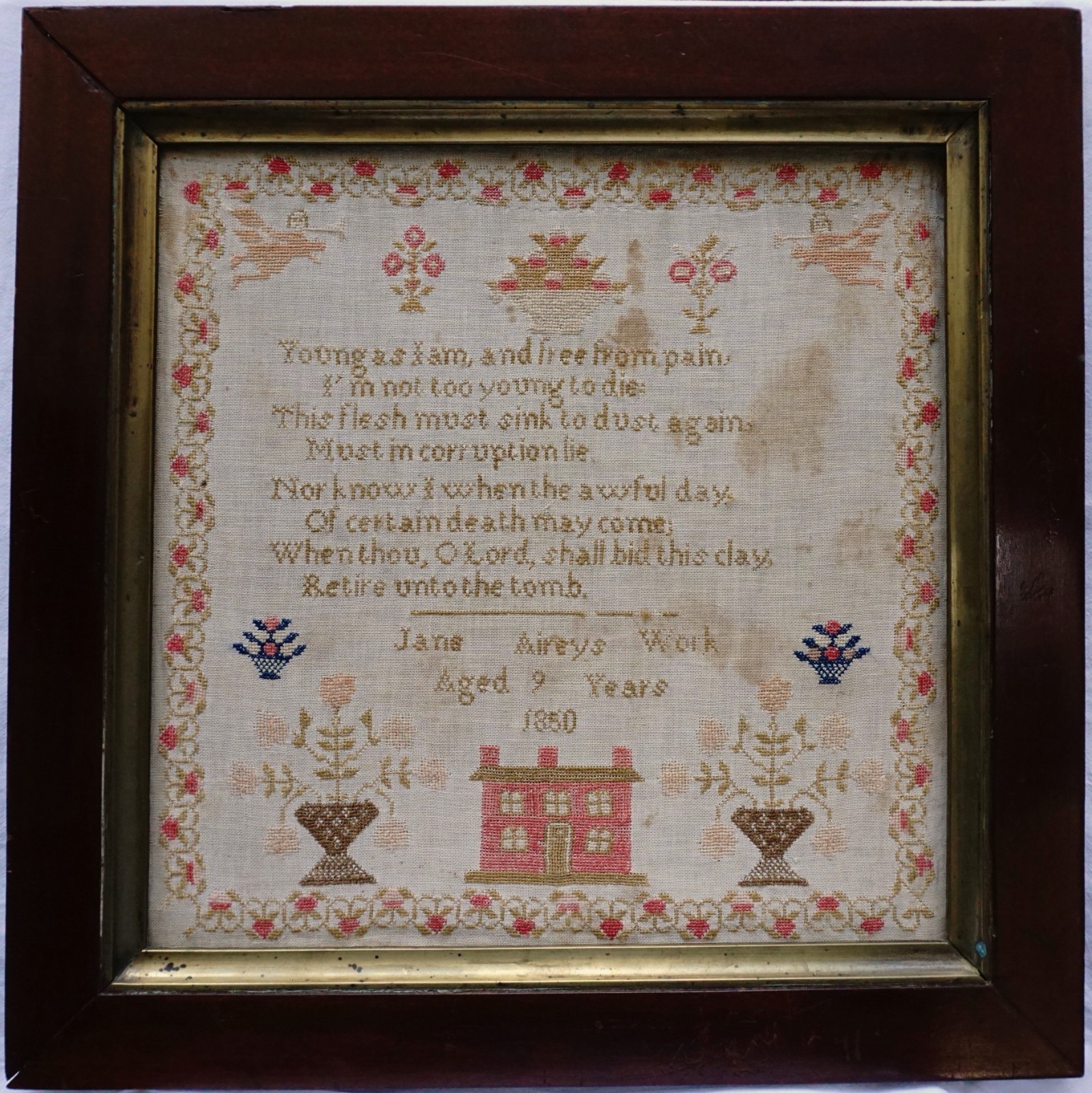 MID 19TH CENTURY RED HOUSE, MOTIF & VERSE SAMPLER BY JANE AIREY AGED 9 - 1850