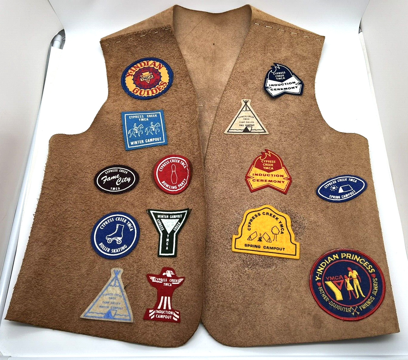 Vintage Indian Guides YMCA 2000s Vest Leather Patches Pins Youth HOUSTON CYPRESS